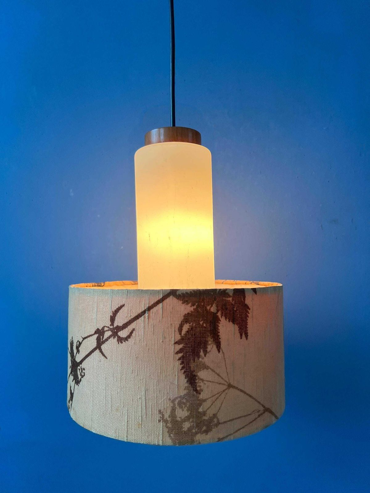 Mid Century Opaline Glass Pendant Lamp With Beige Fabric Jungle Shade photo Lighting
