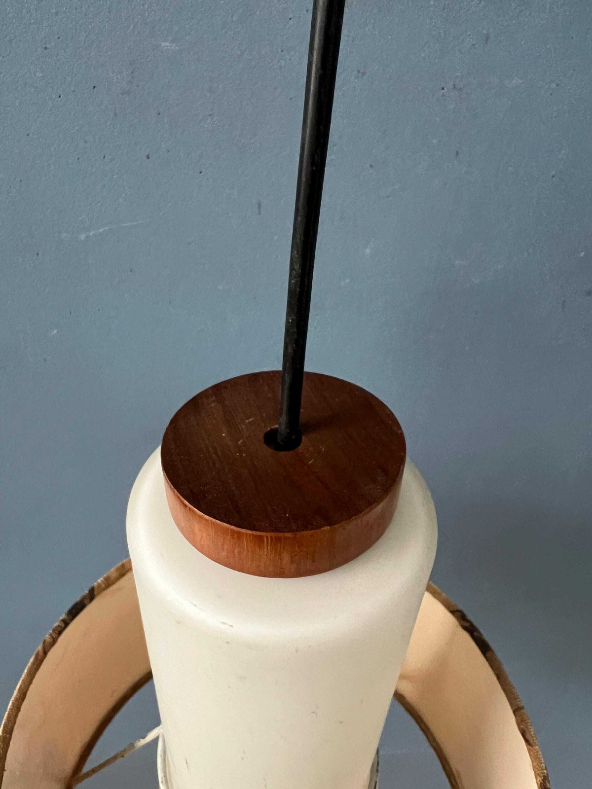 photo for sale Mid Century Opaline Glass Pendant Lamp With Beige Fabric Jungle Shade