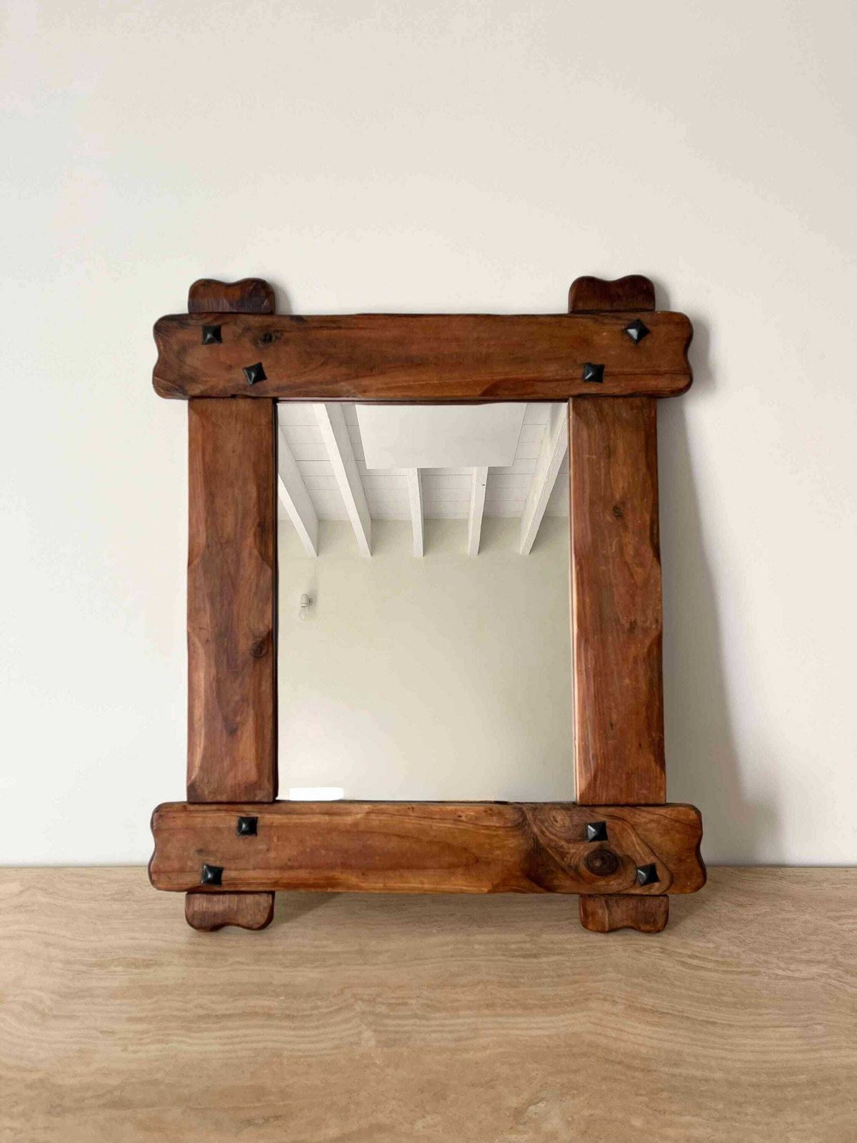 Brutalist French Wall Mirror With Wooden Frame And Steel Studs photo furniture
