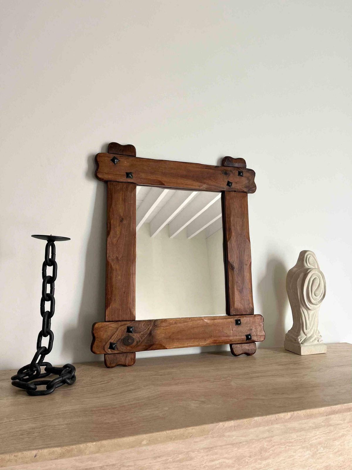 Brutalist French Wall Mirror With Wooden Frame And Steel Studs photo for sale