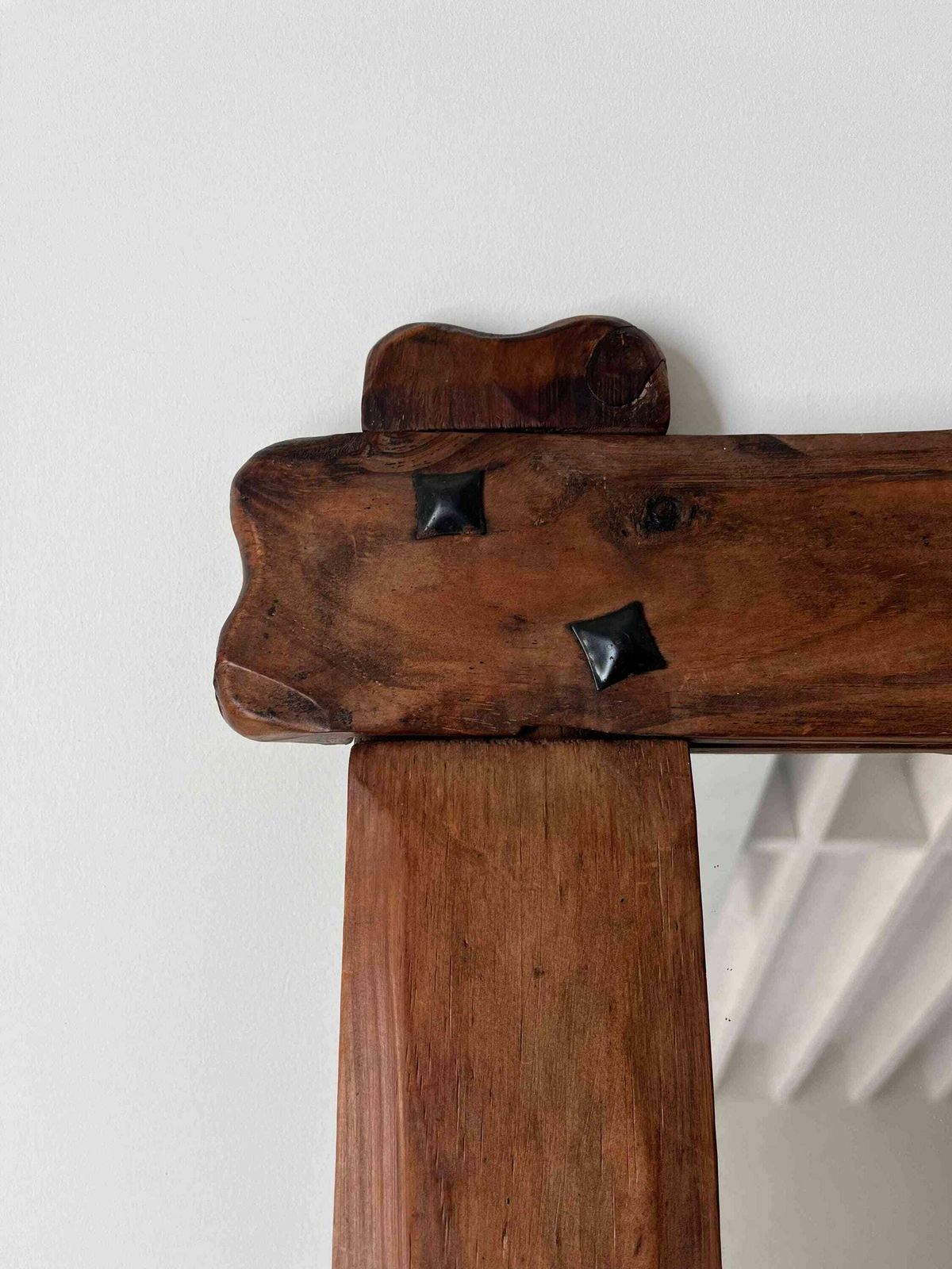 Brutalist French Wall Mirror With Wooden Frame And Steel Studs photo vinterior