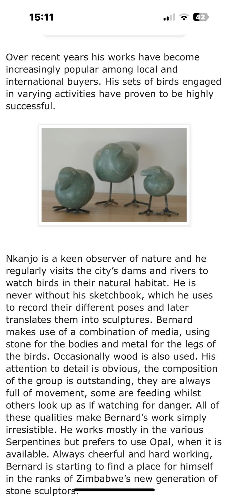 Bernard Nkanjo Zimbabwe Shona Bird Sculpture With Iron Feet In Serpentinite photo 350.0