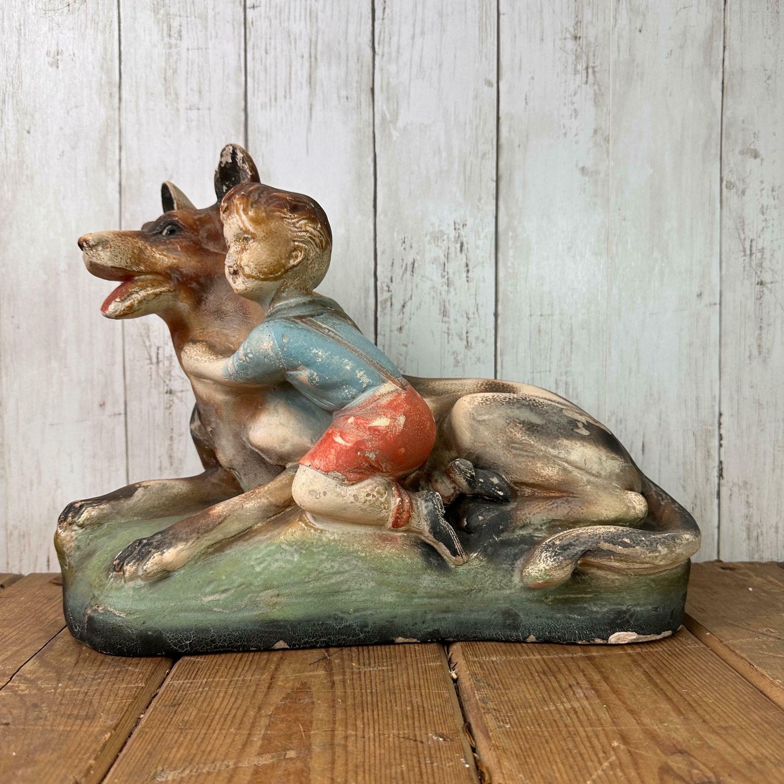 photo furniture Vintage Chalkware Figure Alsatian & Child, Boy And His Dog