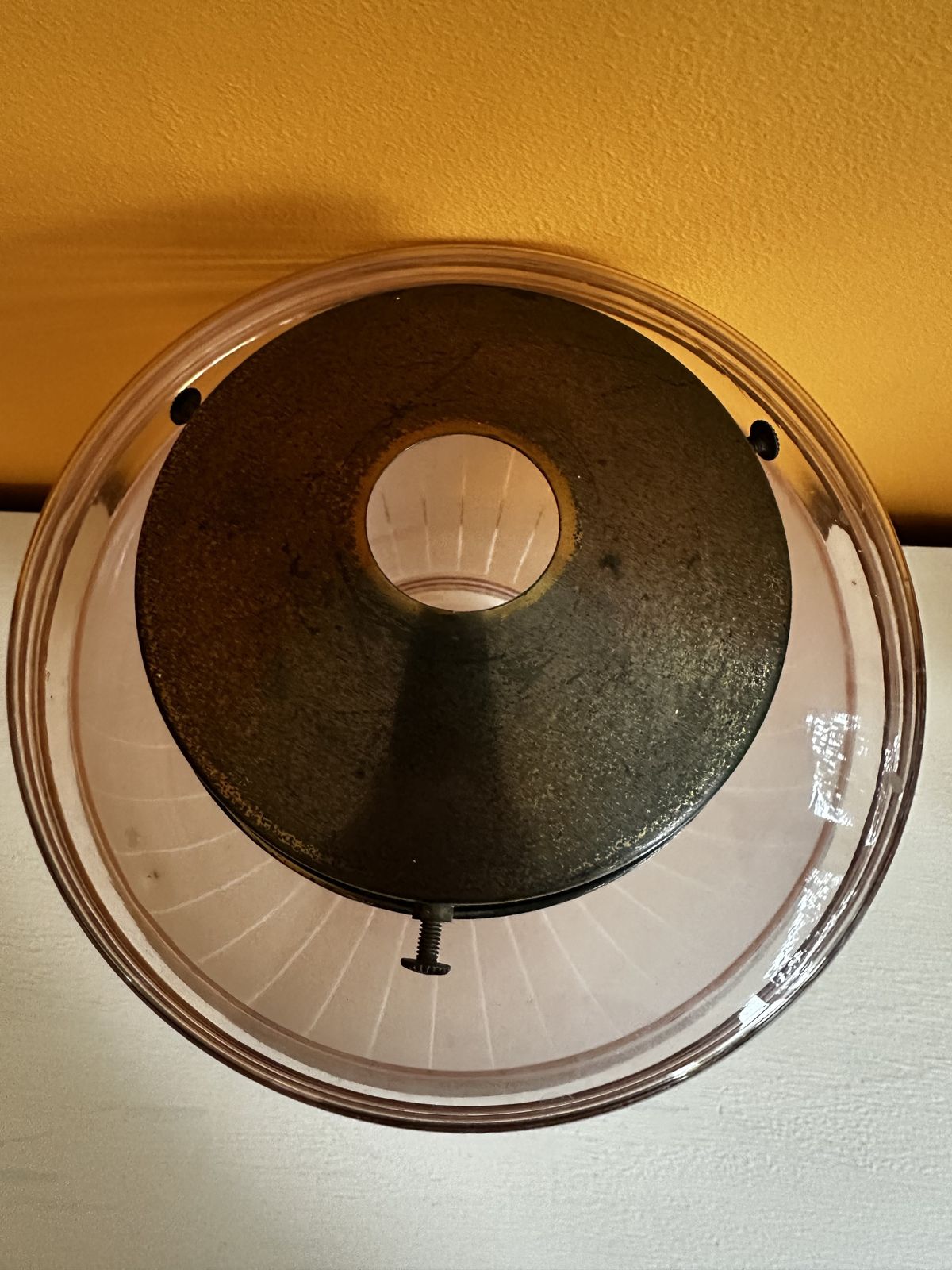 1930's Art Deco Dusky Pink Sugar Frosted Pendant Shade With Gilded Horizontal Bands photo furniture