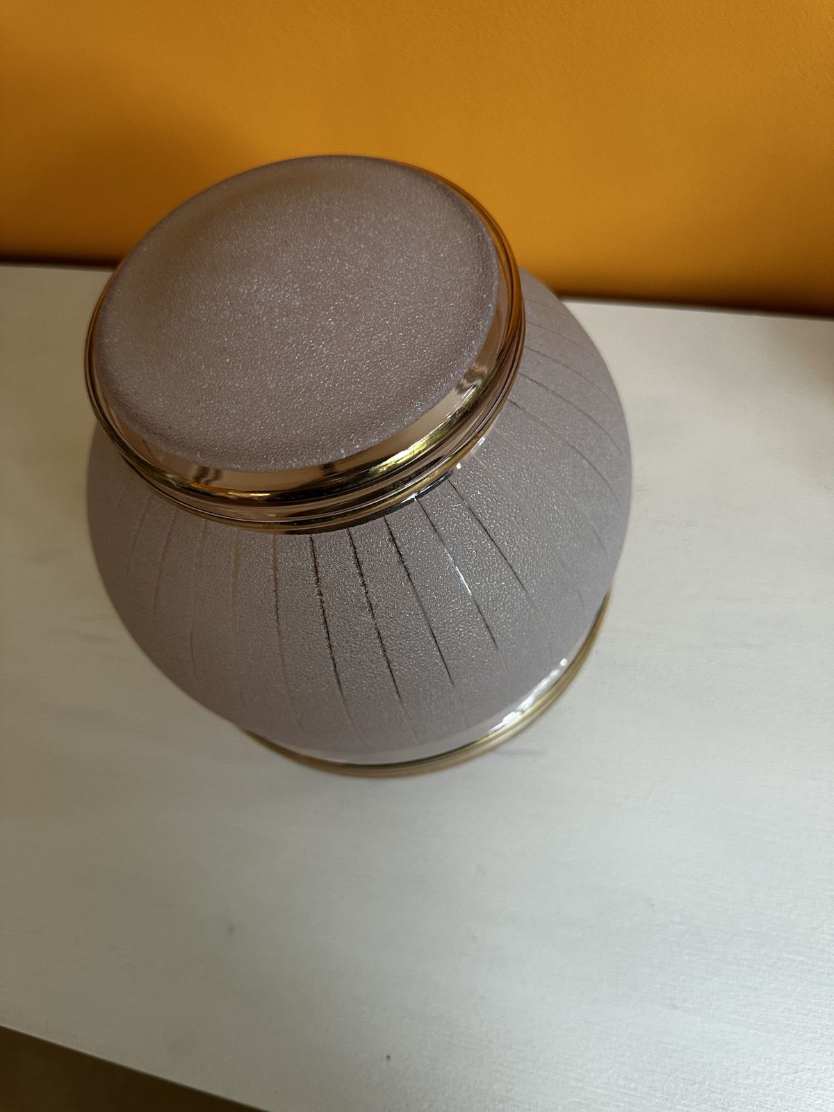 1930's Art Deco Dusky Pink Sugar Frosted Pendant Shade With Gilded Horizontal Bands photo for sale