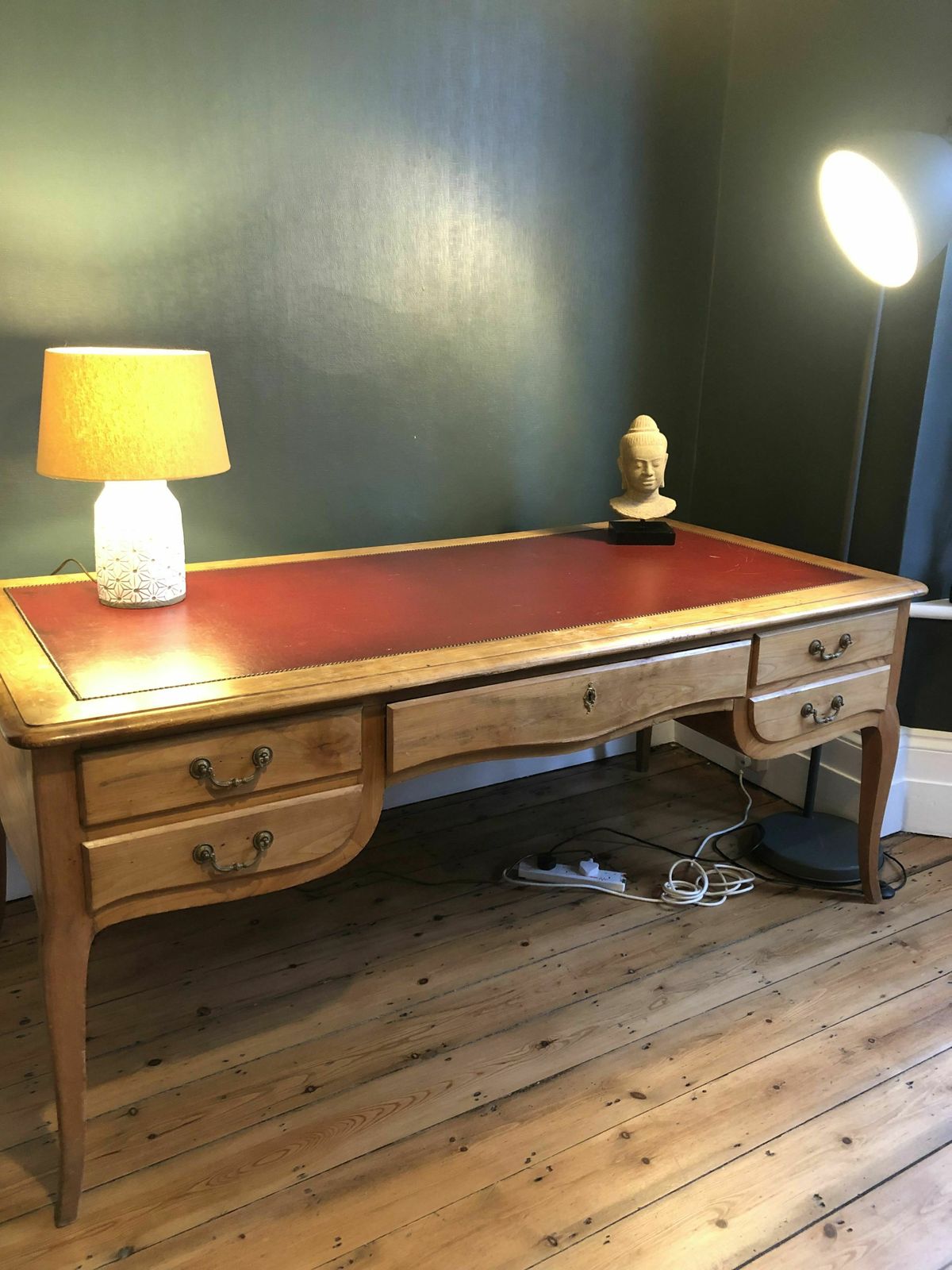 Bureau Plat  Antique French Provincial Writing Desk With Cherry Leather Inlay