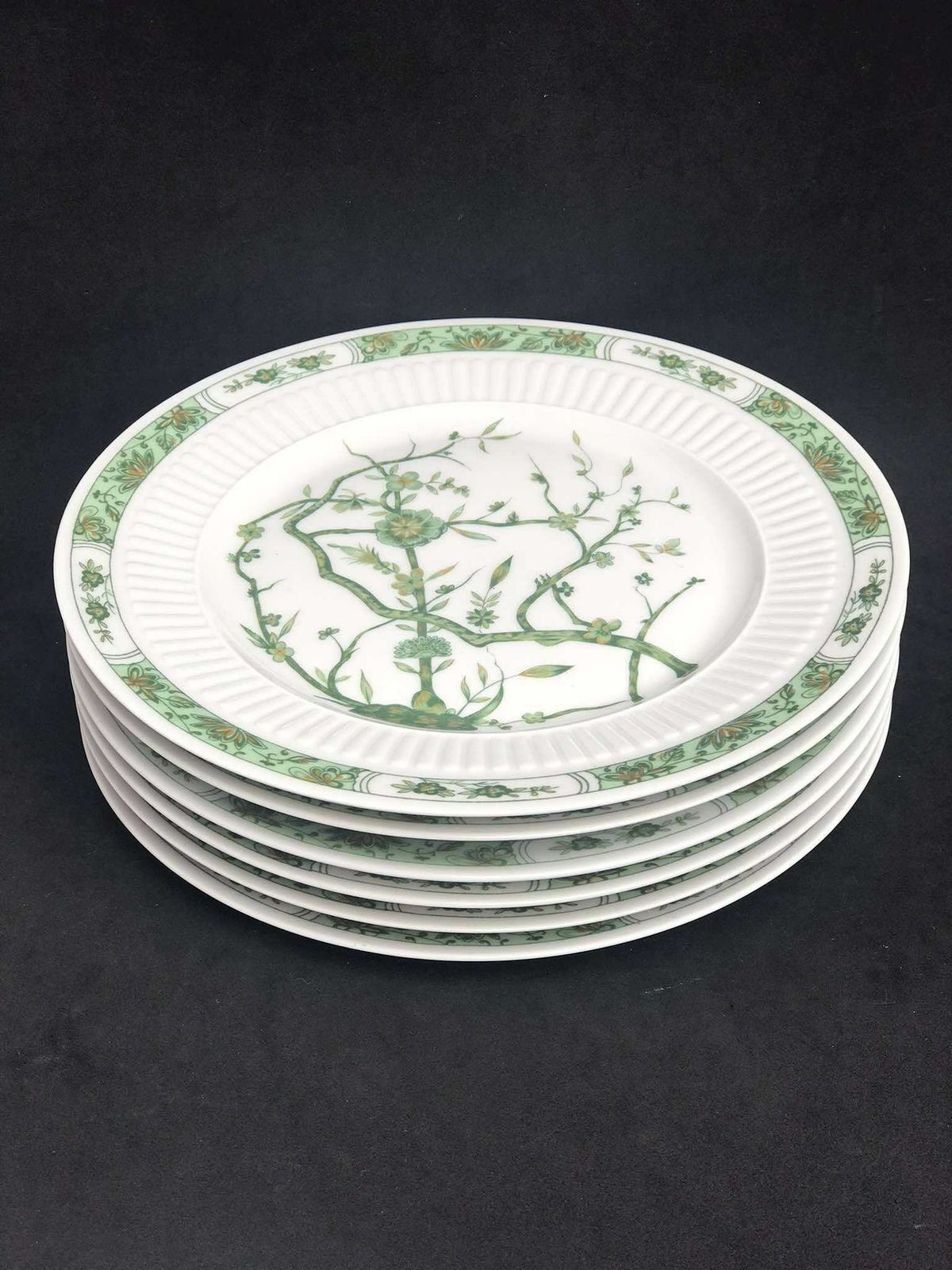 Porcelain Limoges Set 6 Raynaud & Co Fleur De Jade Green Entremets Salad Dessert Plates Green White Leaves French Vintage Wedding Luxury photo furniture