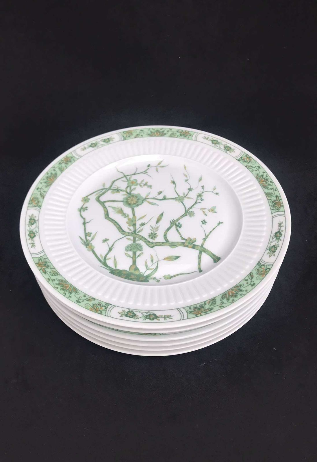 Porcelain Limoges Set 6 Raynaud & Co Fleur De Jade Green Entremets Salad Dessert Plates Green White Leaves French Vintage Wedding Luxury photo vinterior