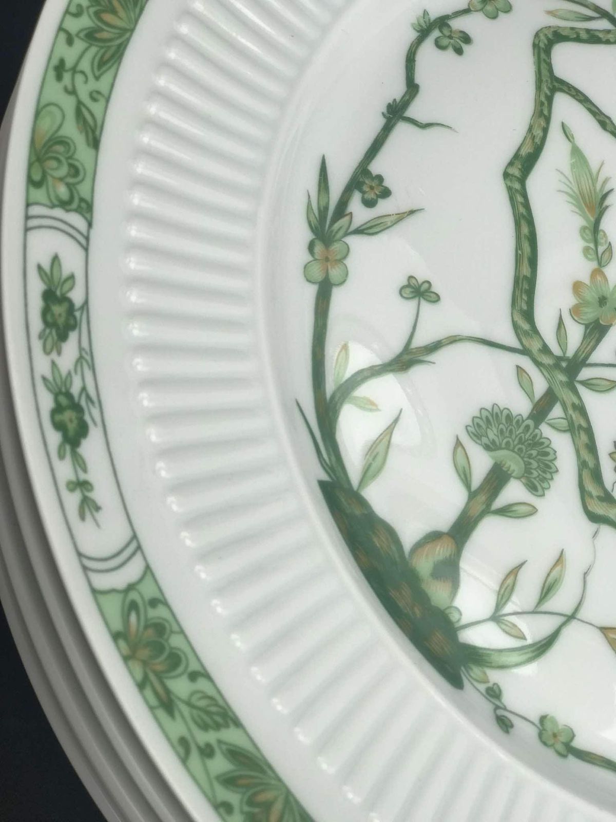 Porcelain Limoges Set 3 Raynaud & Co Fleur De Jade Green White Dinner Plates Green White Leaves French Vintage Wedding Luxury Gift photo 210.0