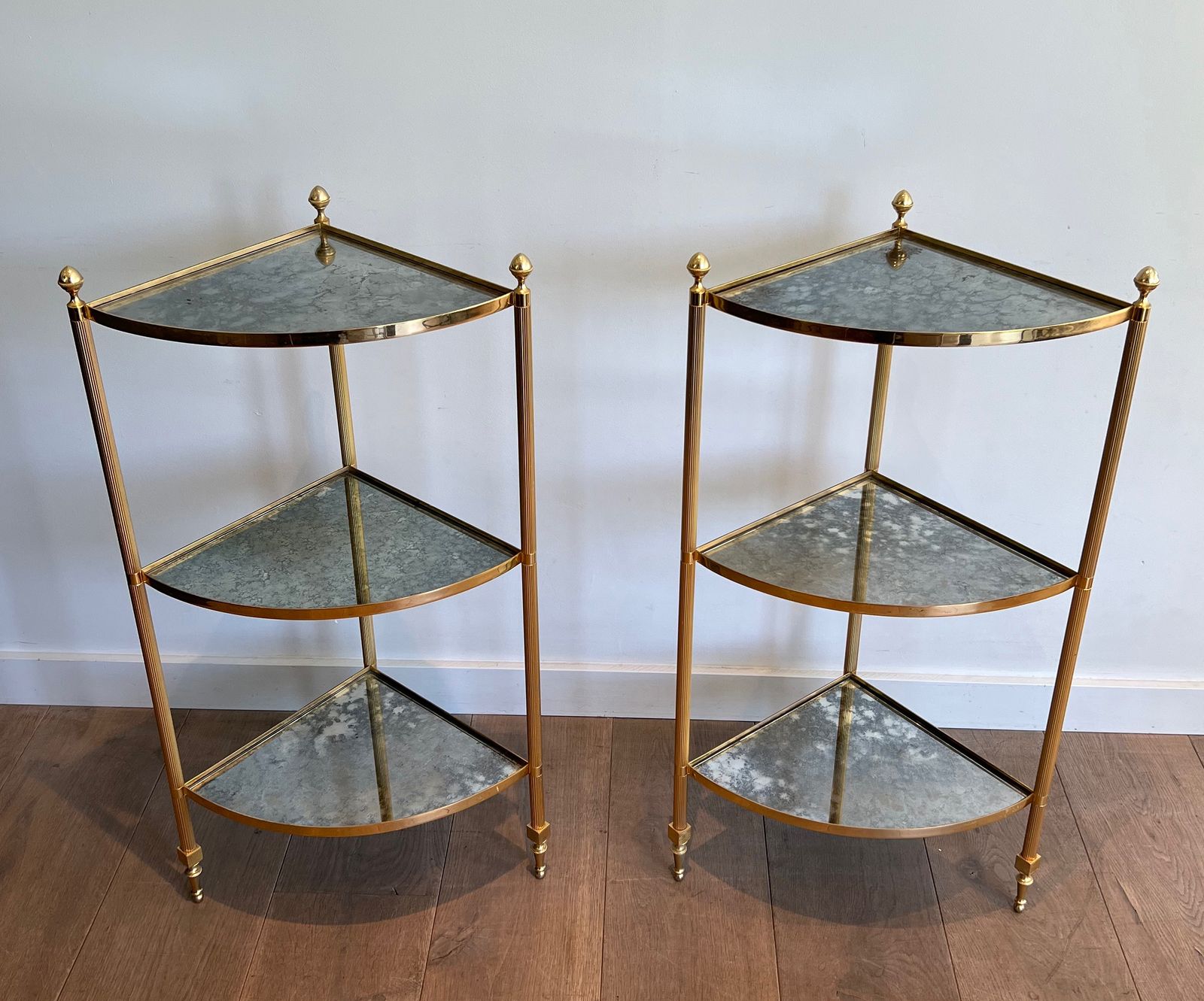Pair Of Gilded Metal Corner Sofa End Tables And Eglomisé Mirror Trays In The Style Of Maison Jansen