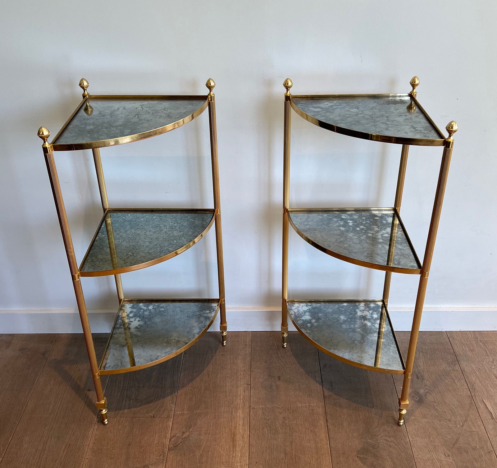 Pair Of Gilded Metal Corner Sofa End Tables And Eglomisé Mirror Trays In The Style Of Maison Jansen photo for sale
