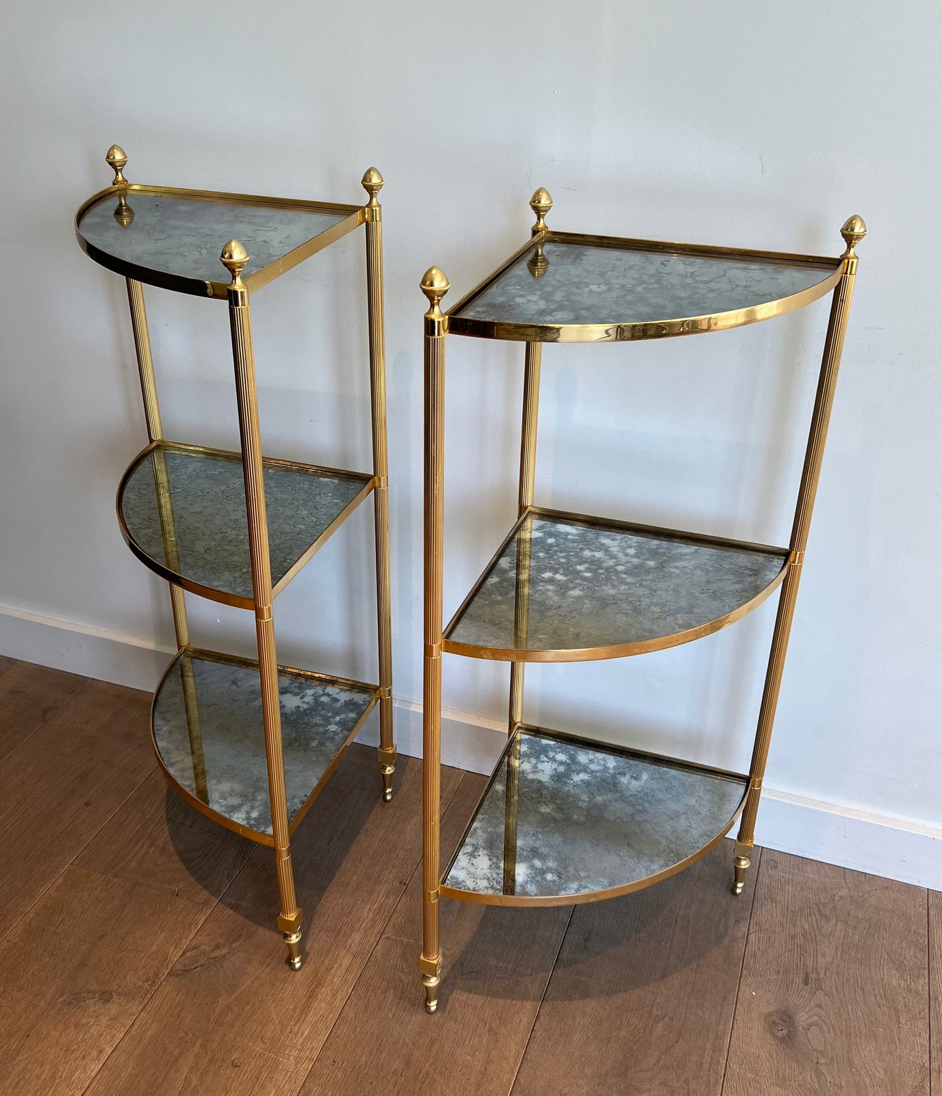 Pair Of Gilded Metal Corner Sofa End Tables And Eglomisé Mirror Trays In The Style Of Maison Jansen photo Furniture