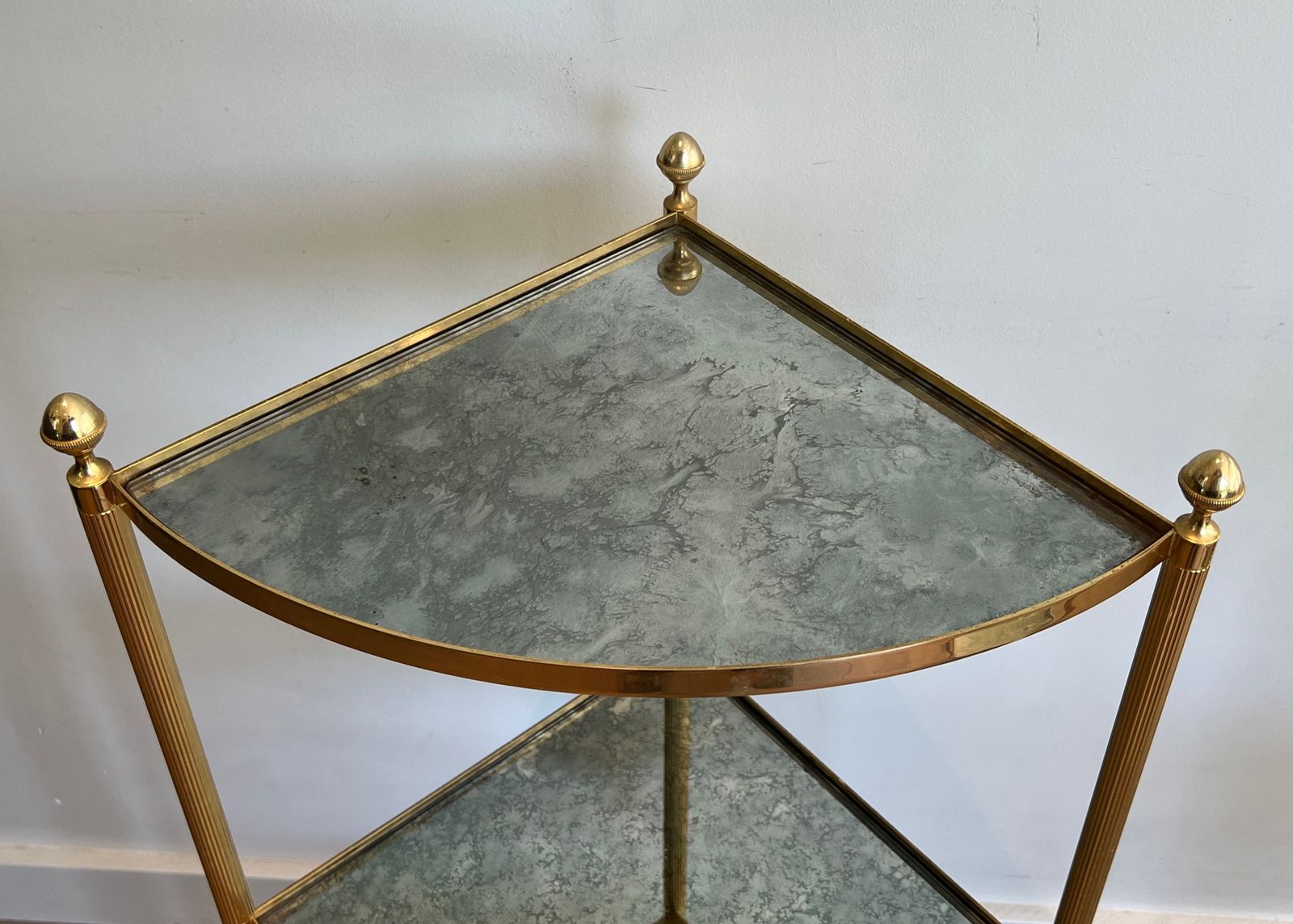 Pair Of Gilded Metal Corner Sofa End Tables And Eglomisé Mirror Trays In The Style Of Maison Jansen photo buy