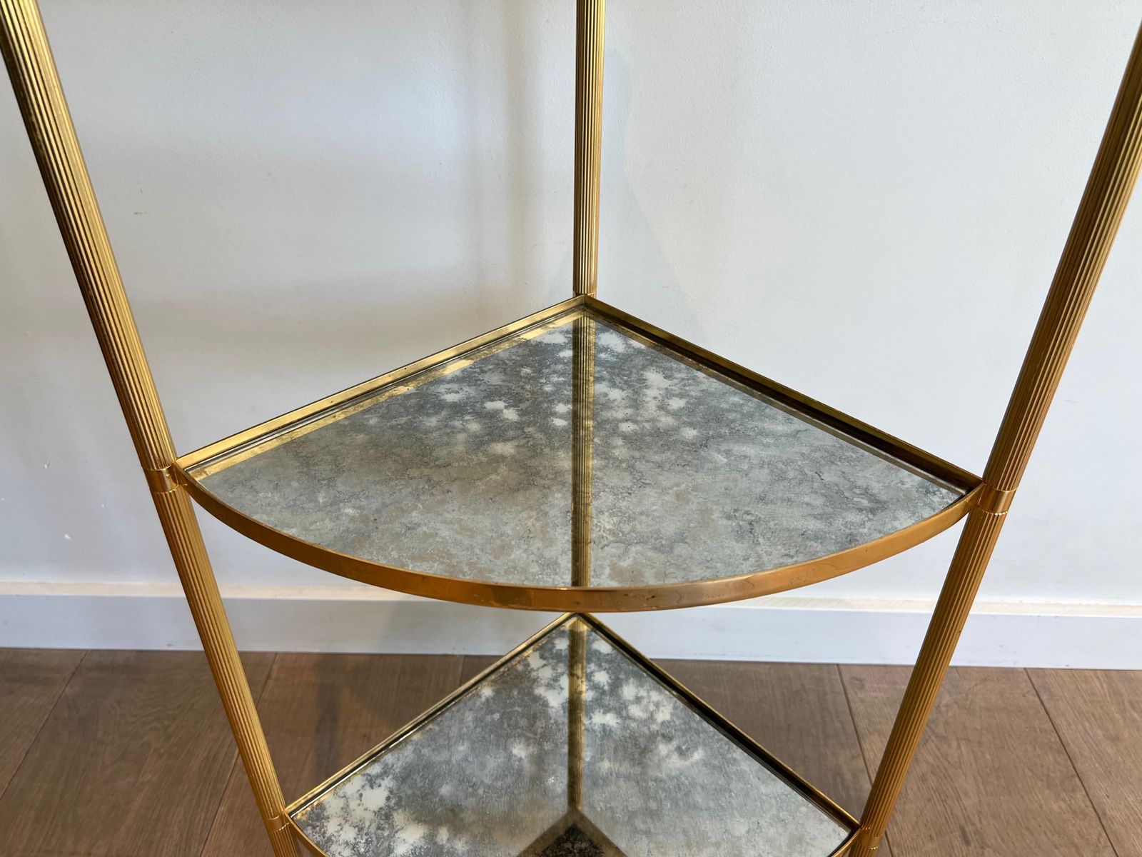 photo furniture Pair Of Gilded Metal Corner Sofa End Tables And Eglomisé Mirror Trays In The Style Of Maison Jansen