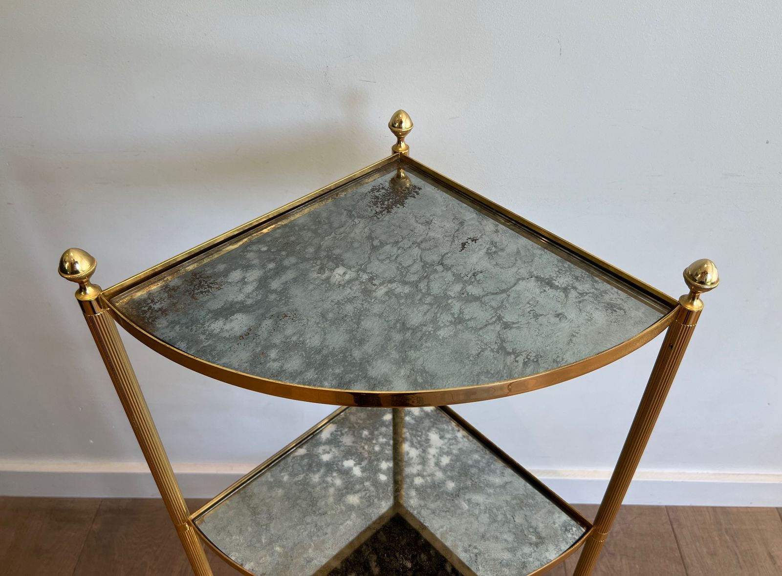photo buy Pair Of Gilded Metal Corner Sofa End Tables And Eglomisé Mirror Trays In The Style Of Maison Jansen