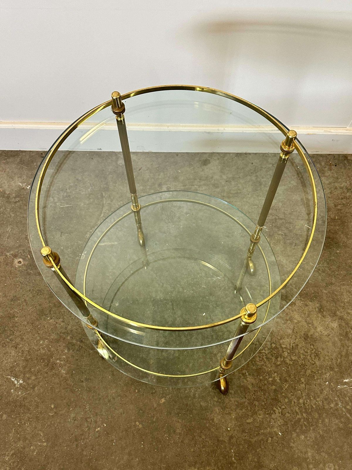 1970s Mid Century Modern Italian Brass And Glass Round Bar Cart, Italy. photo vintage
