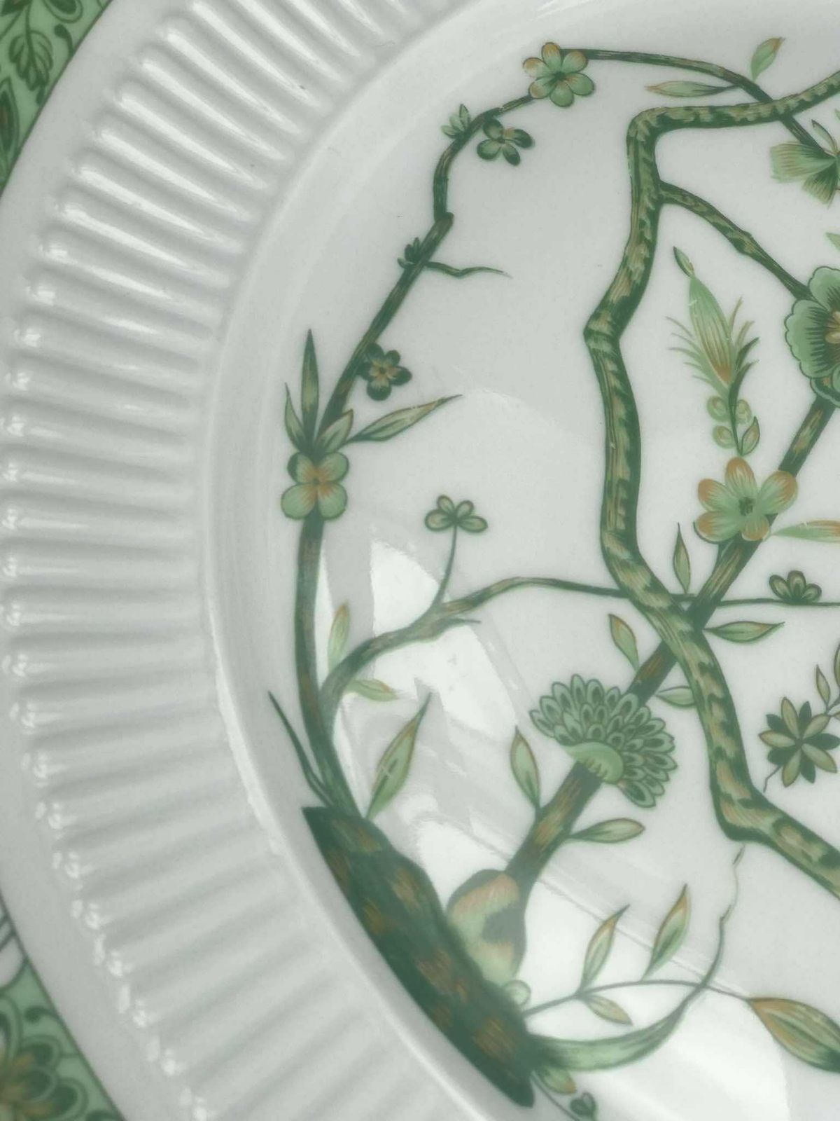 Porcelain Limoges Set 6 Raynaud & Co Fleur De Jade Green White Dinner Plates Green White Leaves French Vintage Wedding Luxury Gift photo for sale