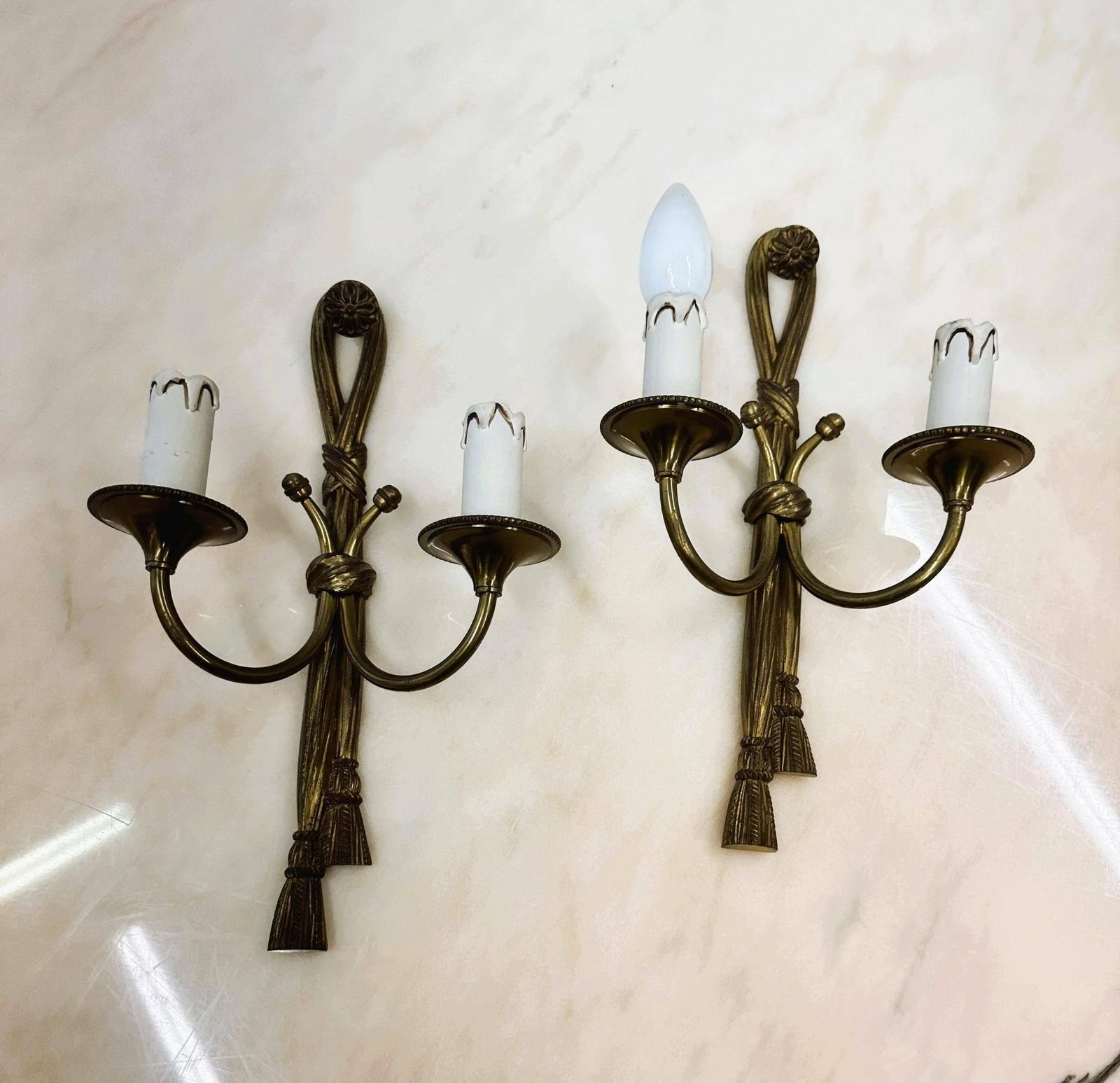 Pair Of Brass Neoclassical Rope Sconces   Wall Lights, France 1950s. photo vintage