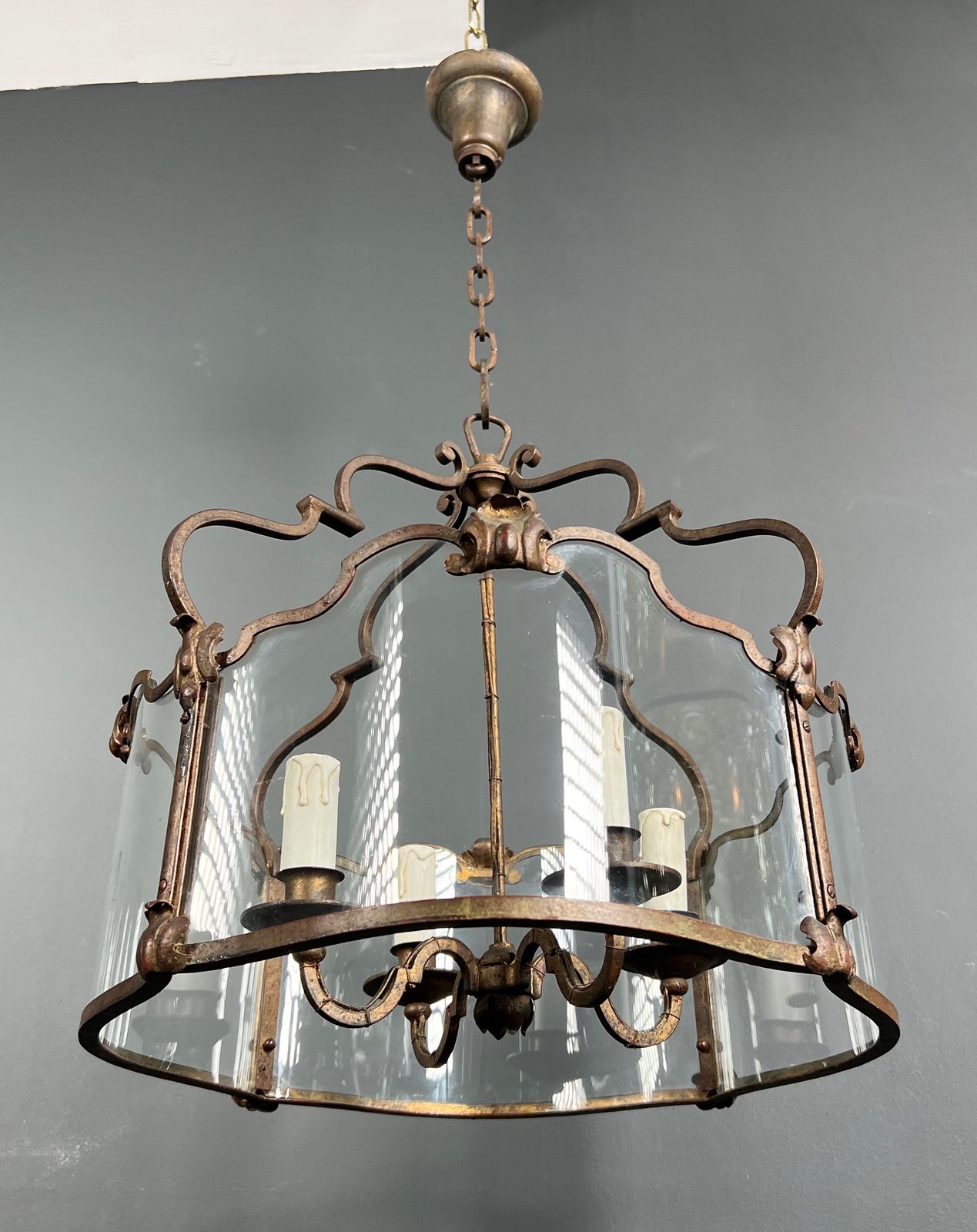 Rare Lantern In Wrought Iron, Gilded And Curved Glass With 4 Lights photo 2950.0