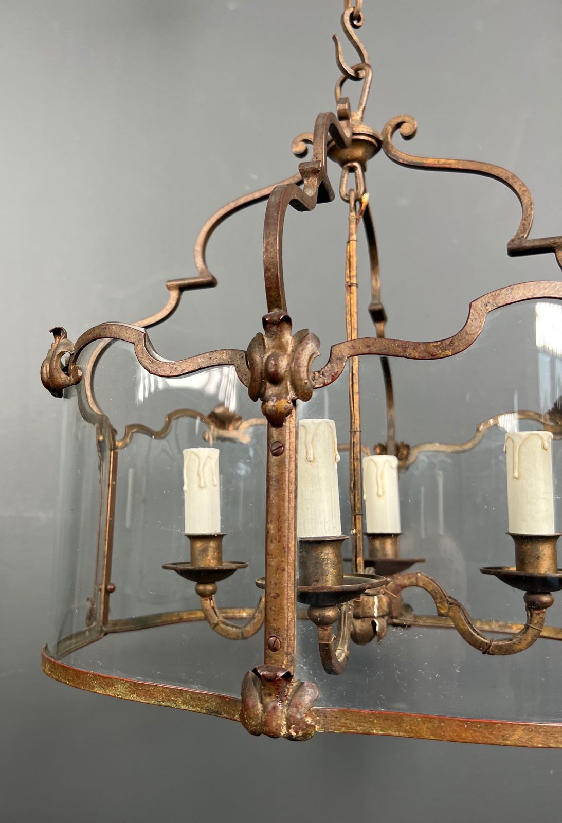 Rare Lantern In Wrought Iron, Gilded And Curved Glass With 4 Lights photo buy