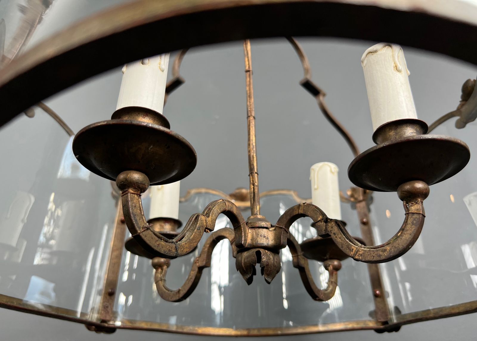 Lighting Rare Lantern In Wrought Iron, Gilded And Curved Glass With 4 Lights photo