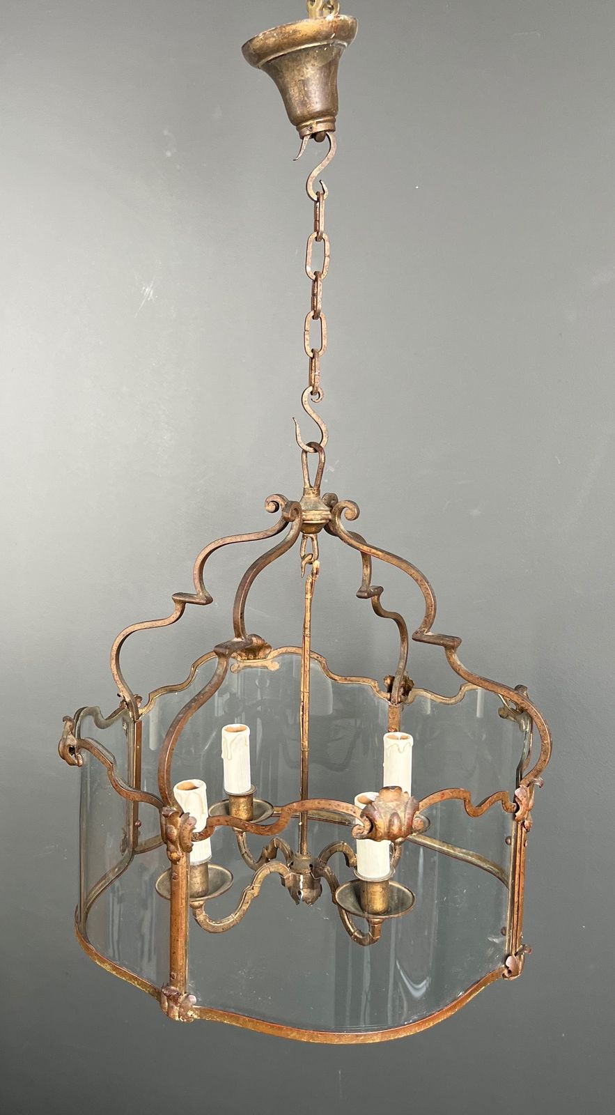 2950.0 Rare Lantern In Wrought Iron, Gilded And Curved Glass With 4 Lights photo
