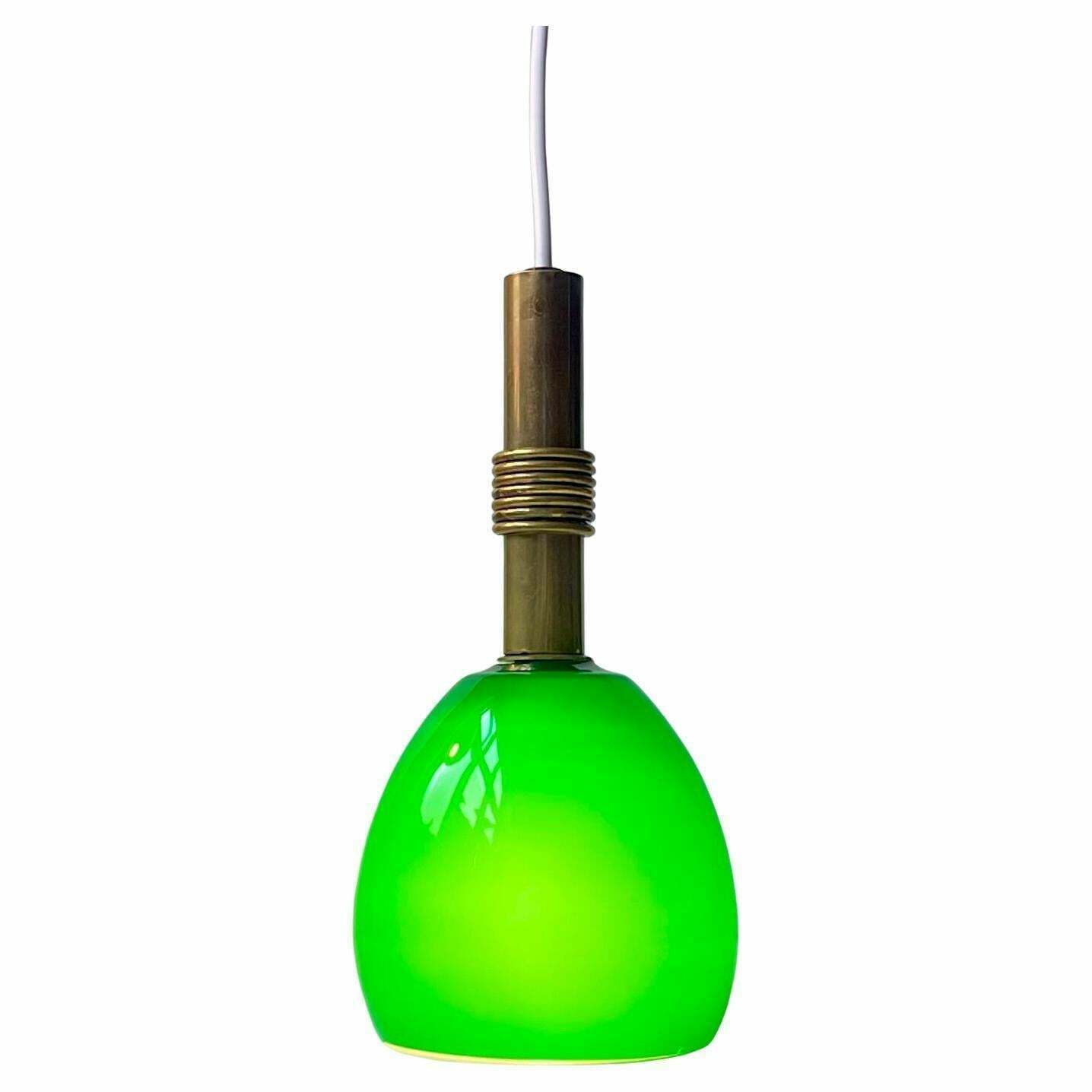 Scandinavian Modern Ceiling Lamp In Cased Green Glass & Brass