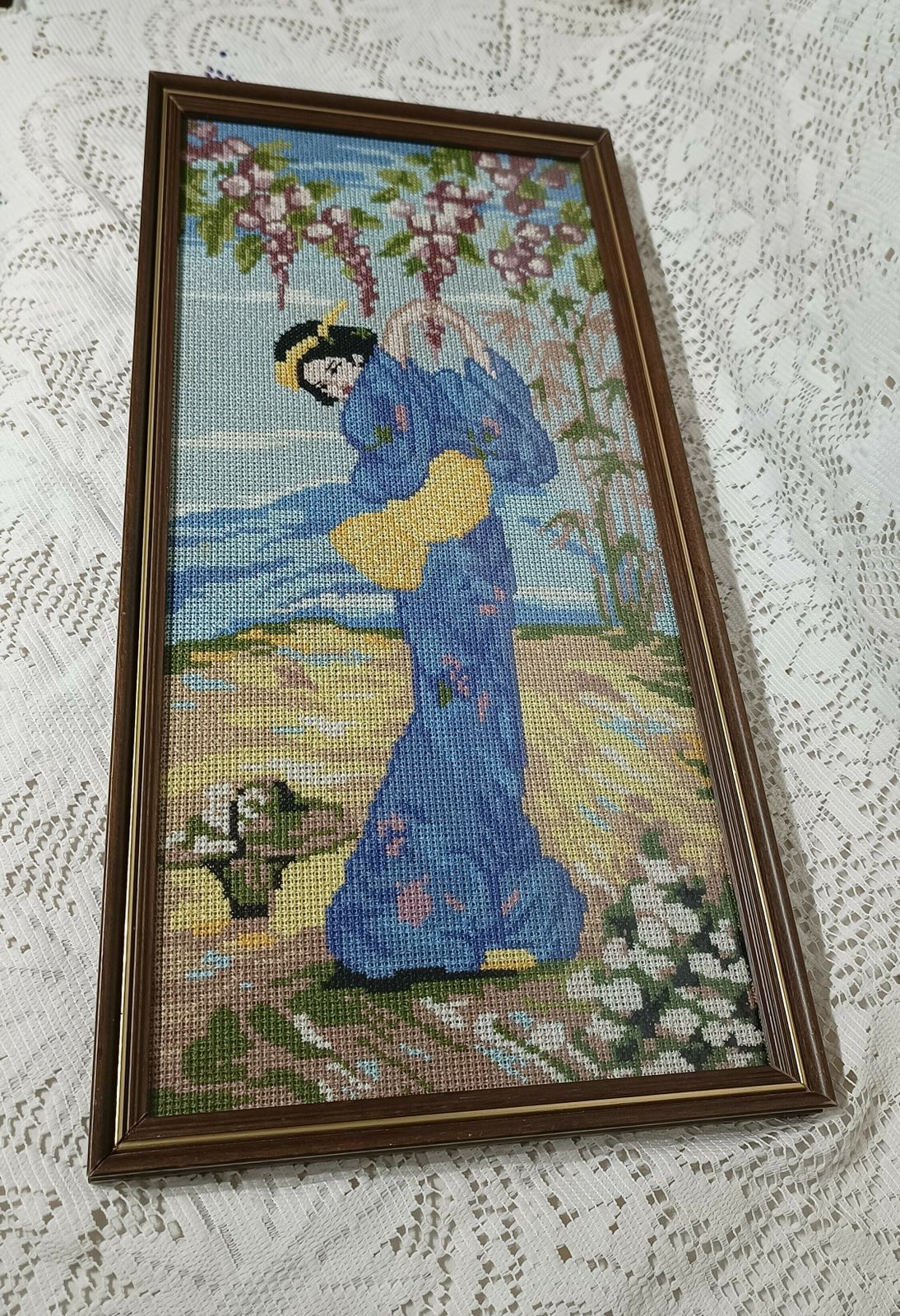 Cross Stitch Picture Japanese Geisha Girl Oriental Blossoms Framed ,Needle Point Wall Art. photo buy