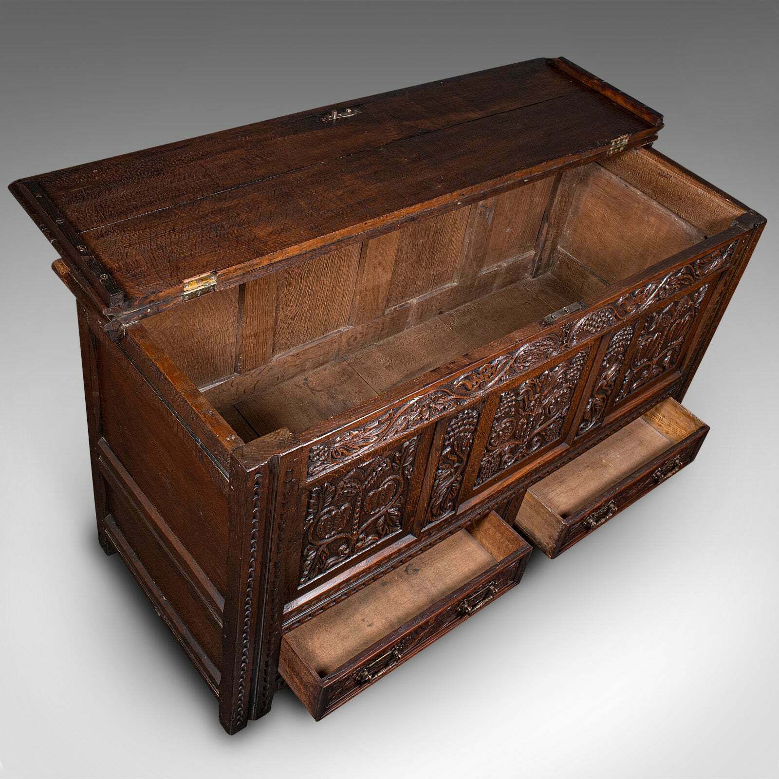 Large Antique Mule Chest, English, Carved Oak, Coffer, William III, Circa 1700 photo vintage