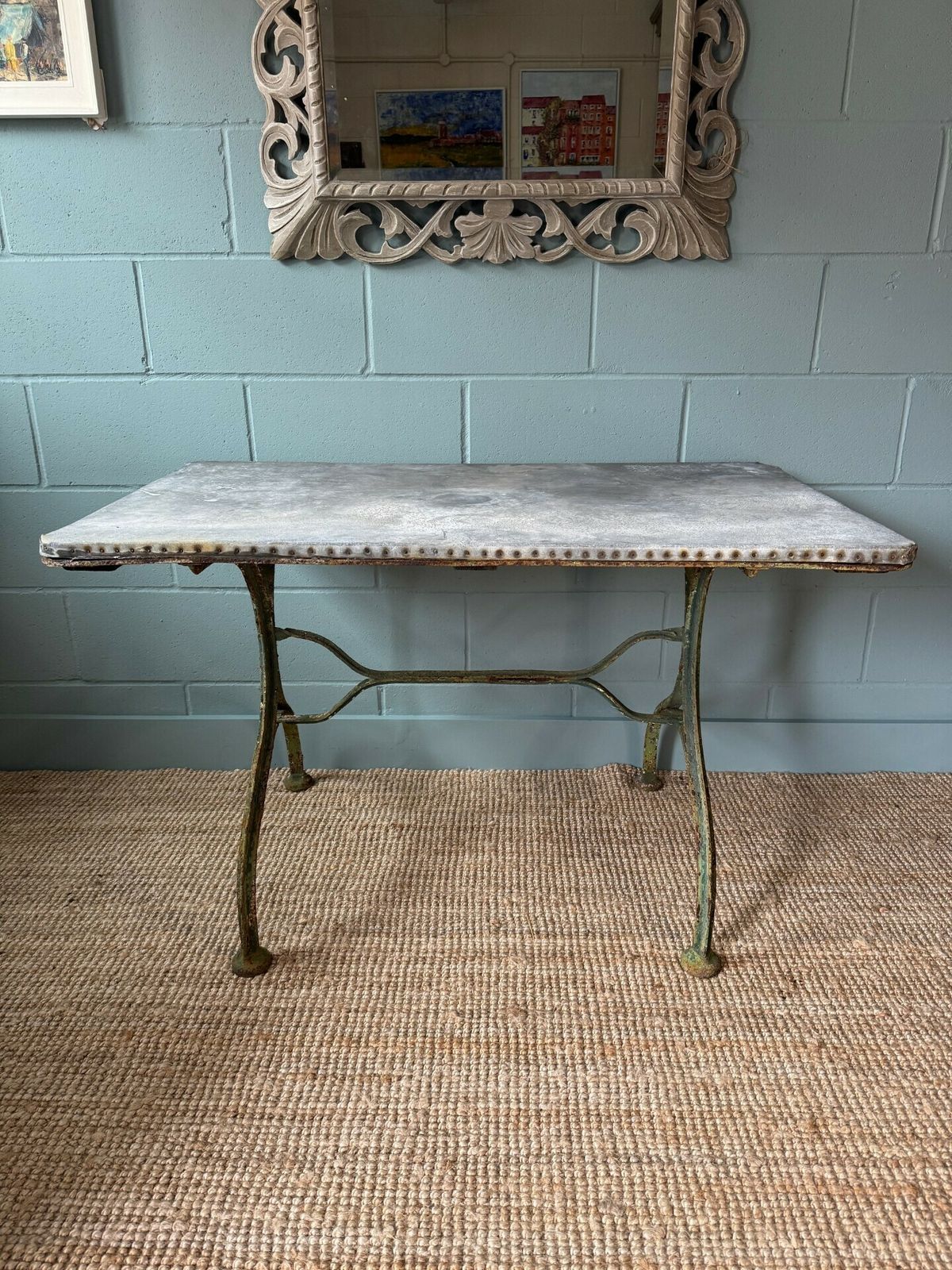 A French Zinc Top Industrial Style Garden/Interior Table (Circa 1900 Or Earlier) & Set Of Six Folding French Chairs photo for sale
