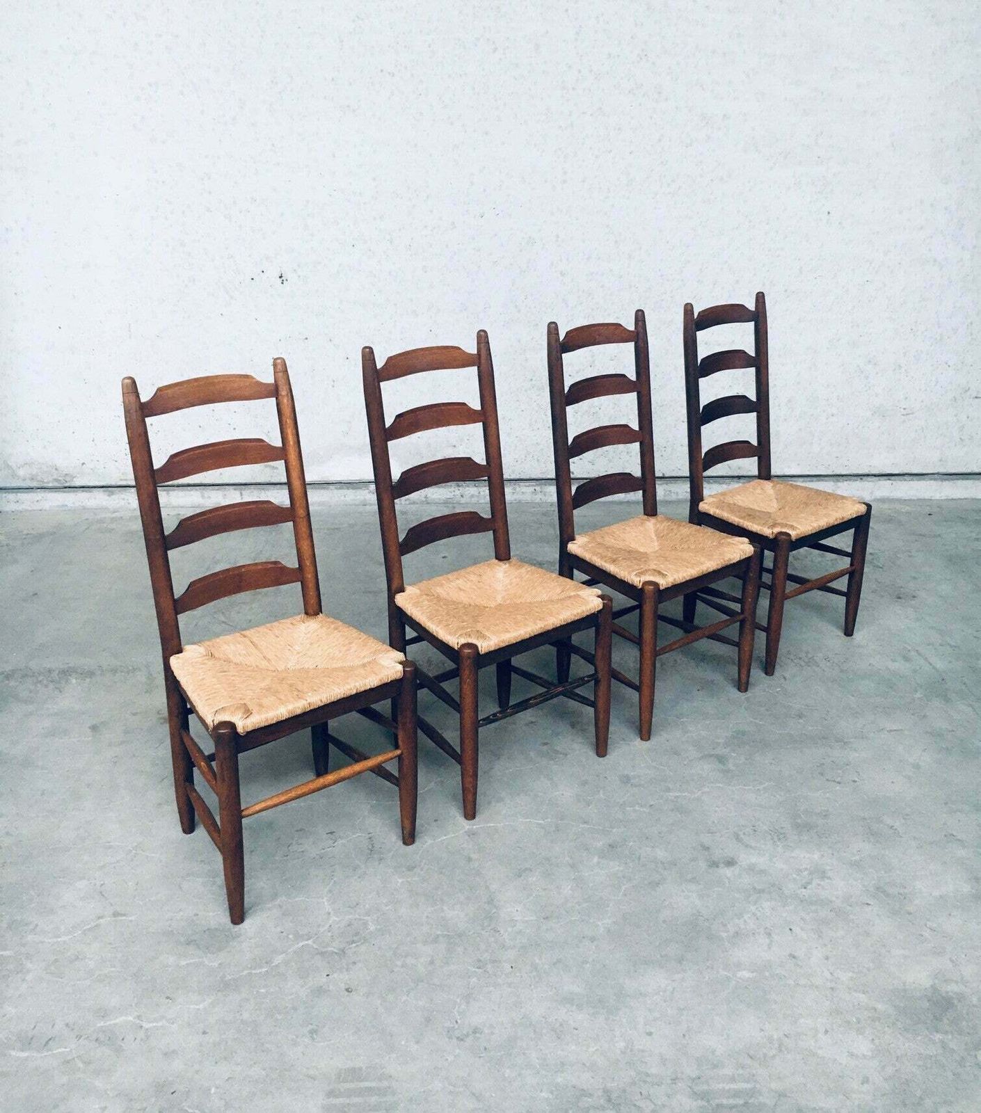Rustic Design Ladder Back Oak & Rush Dining Chair Set, Belgium 1960's photo vintage