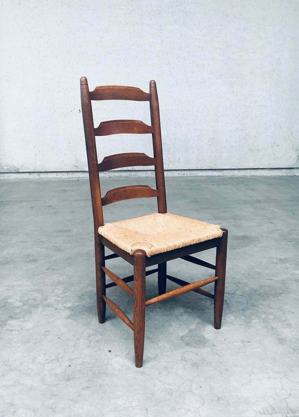 950.0 Rustic Design Ladder Back Oak & Rush Dining Chair Set, Belgium 1960's photo