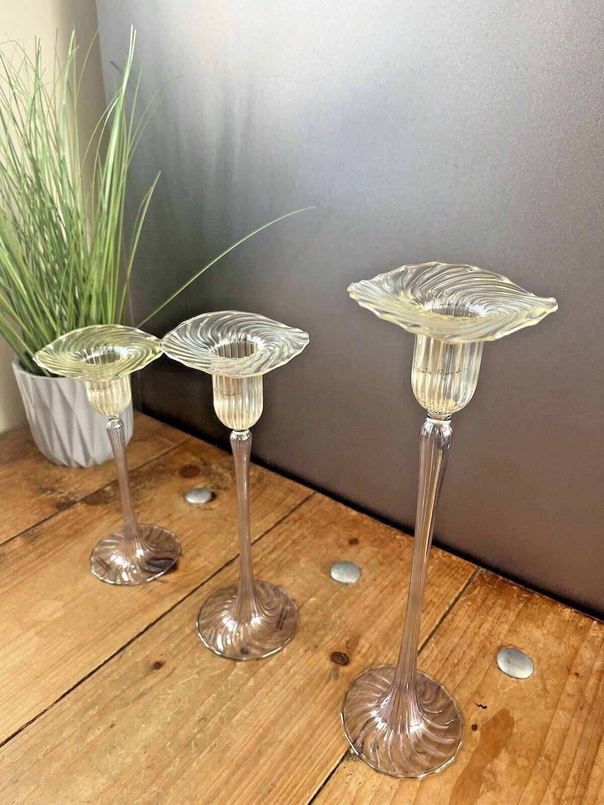 Rare Graduated Set Of 3 Venetian Renate Gaudini Ribbed Murano Glass Candlestick photo for sale