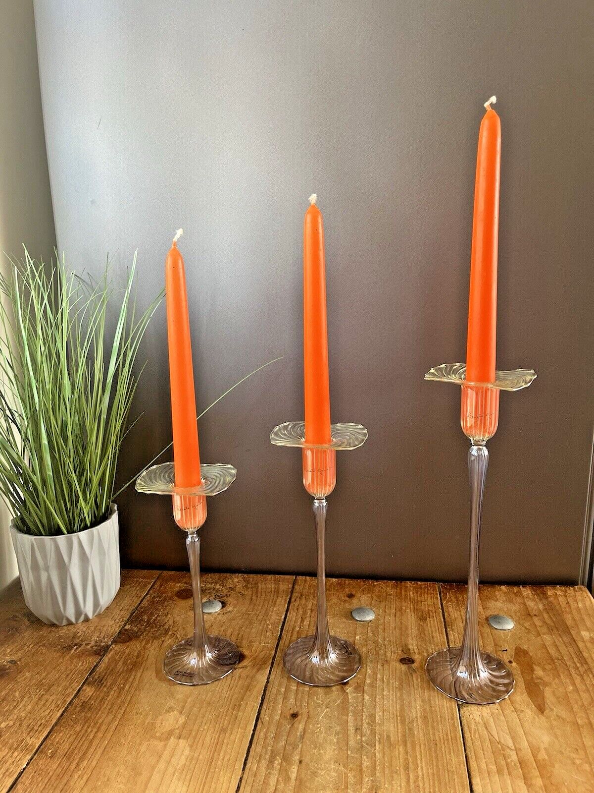 Rare Graduated Set Of 3 Venetian Renate Gaudini Ribbed Murano Glass Candlestick photo Home Decor