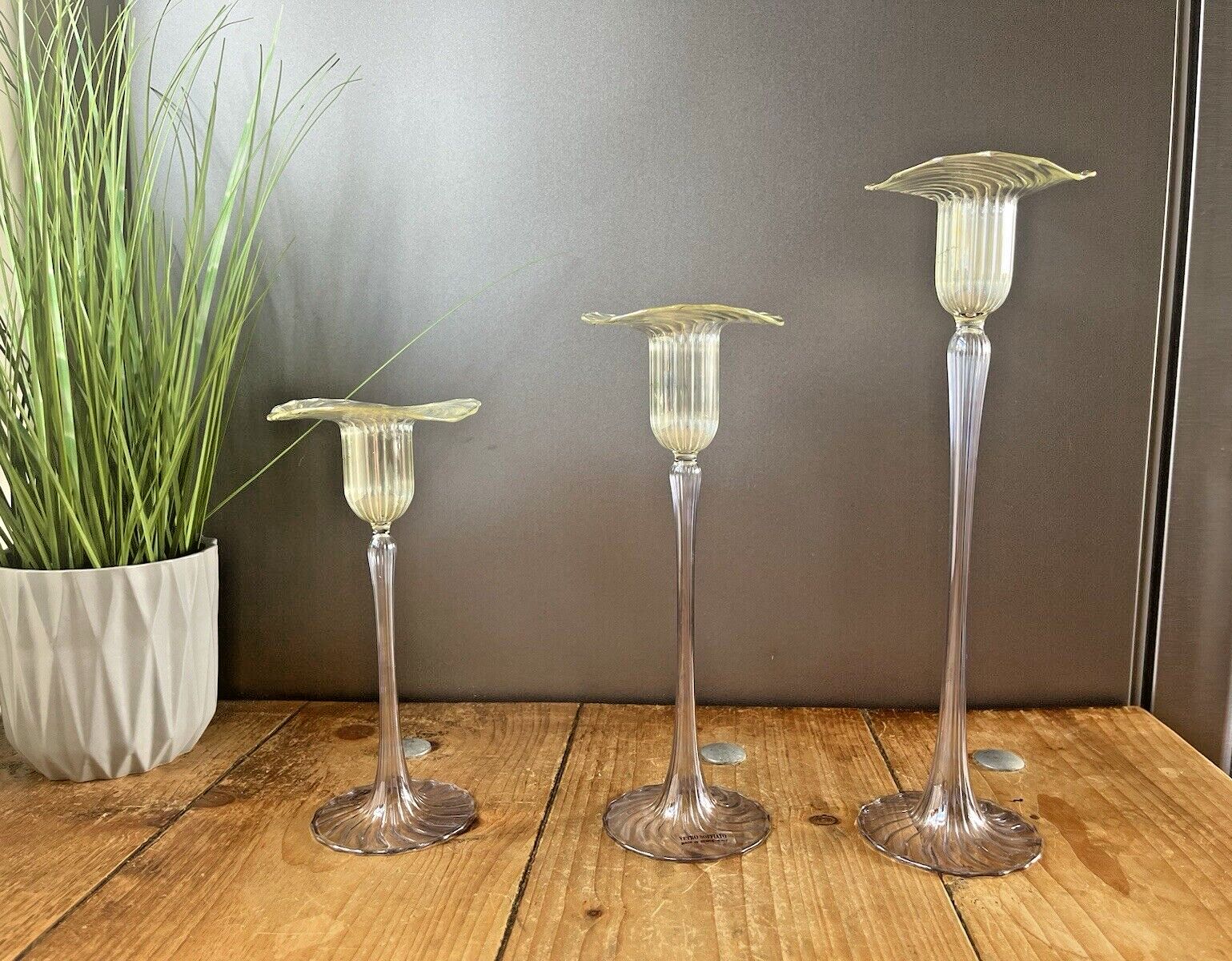 photo for sale Rare Graduated Set Of 3 Venetian Renate Gaudini Ribbed Murano Glass Candlestick