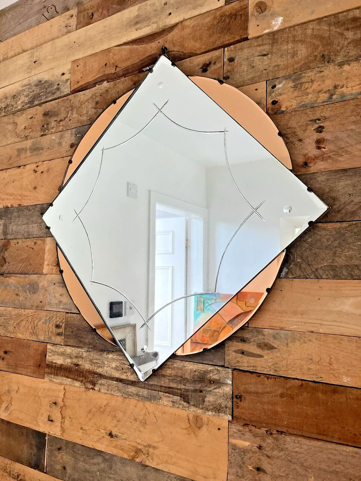 Huge 28" Beautiful 1930's Art Deco Flower Shaped Over Mantel Mirror Peach Copper