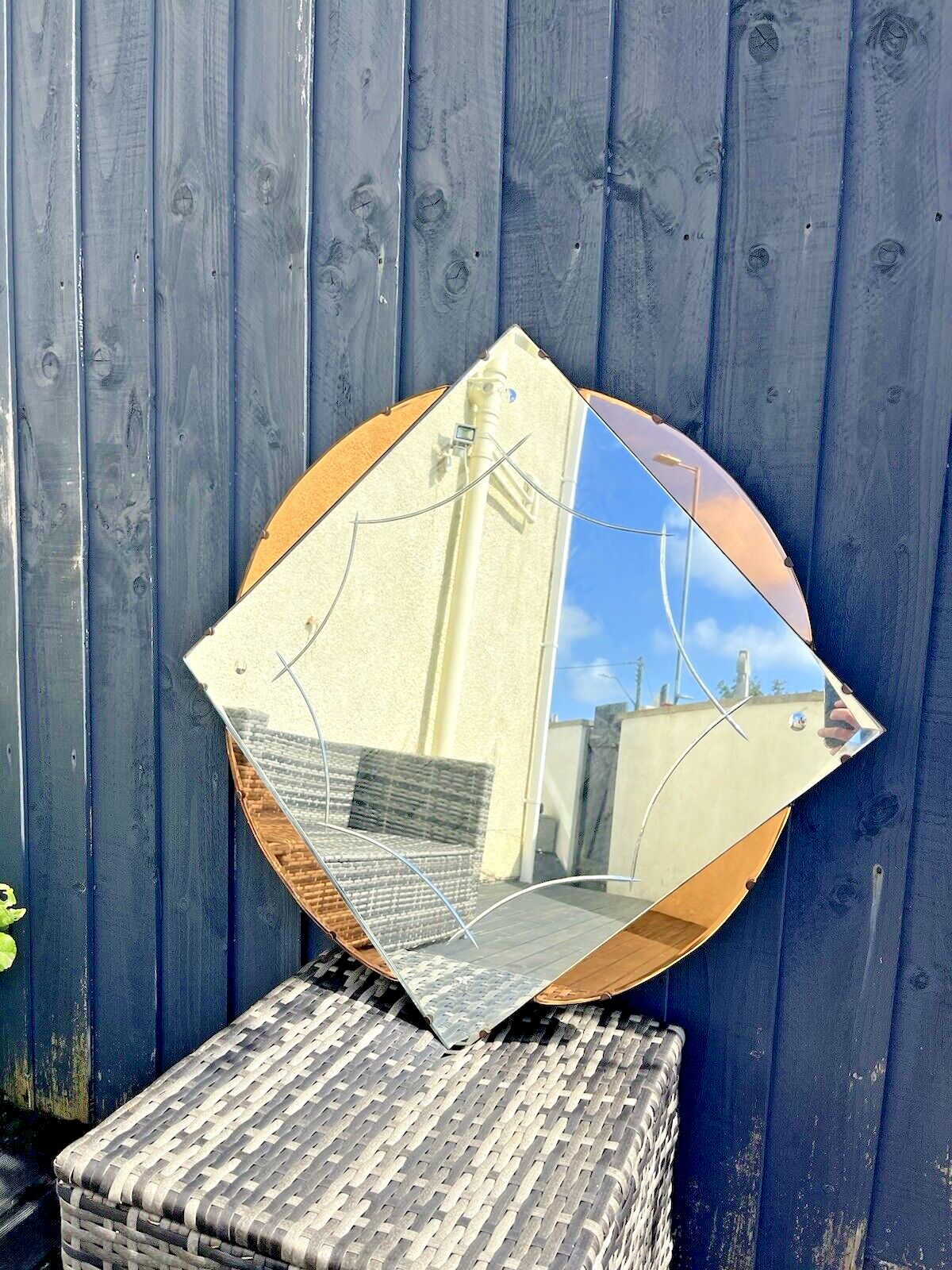 Huge 28" Beautiful 1930's Art Deco Flower Shaped Over Mantel Mirror Peach Copper photo vinterior
