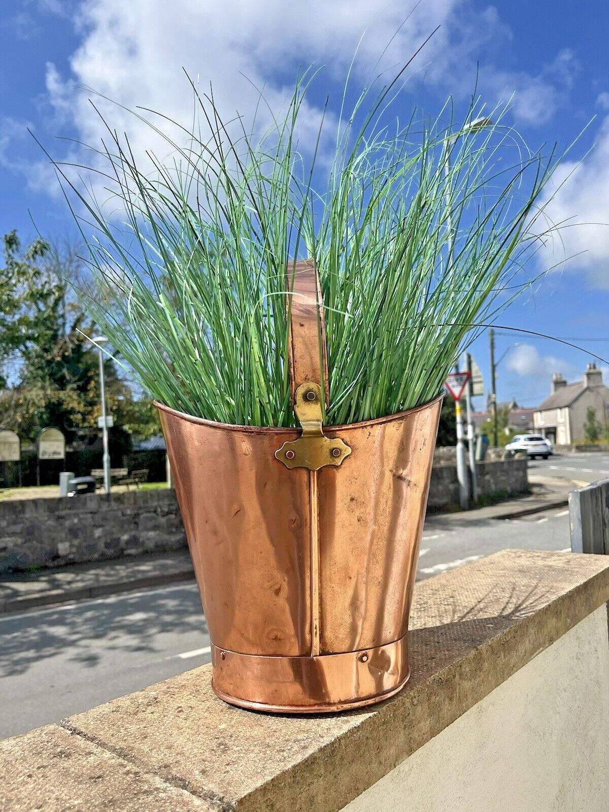 Antique 19th C Copper & Brass Handled Pail Kindling Bucket Flower Plant Pot photo furniture