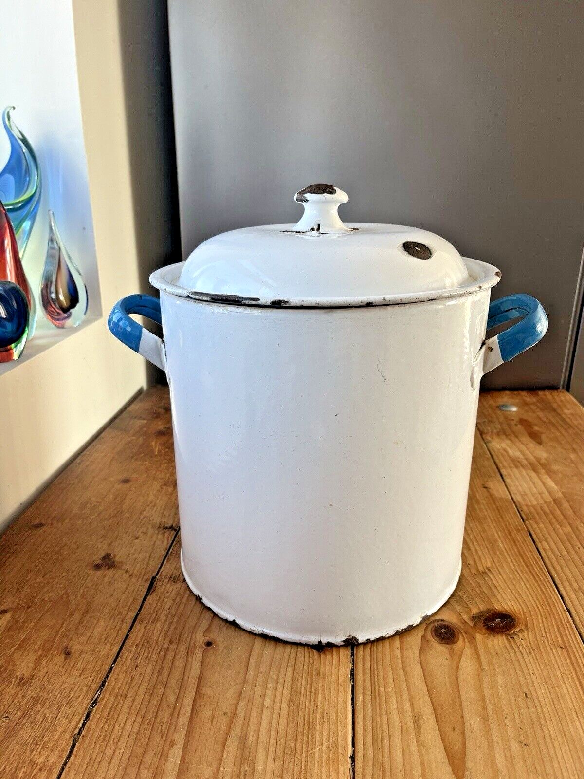 Large Antique Enamel Flour Bin Bakery Storage Container Vintage Kitchen Display photo vinterior