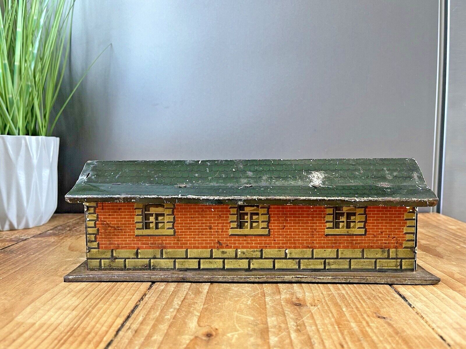 Antique British Brimtoy Brand Tinplate Sliding Door Train Station 30's Tin Toy photo for sale