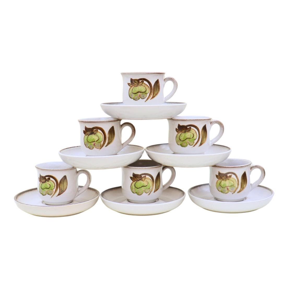 6 Mid Century Coffee Cups And Saucers By Denby Troubador Patttern C 1970's, Retro Stoneware Cottage Core Coffee Cups And Saucers