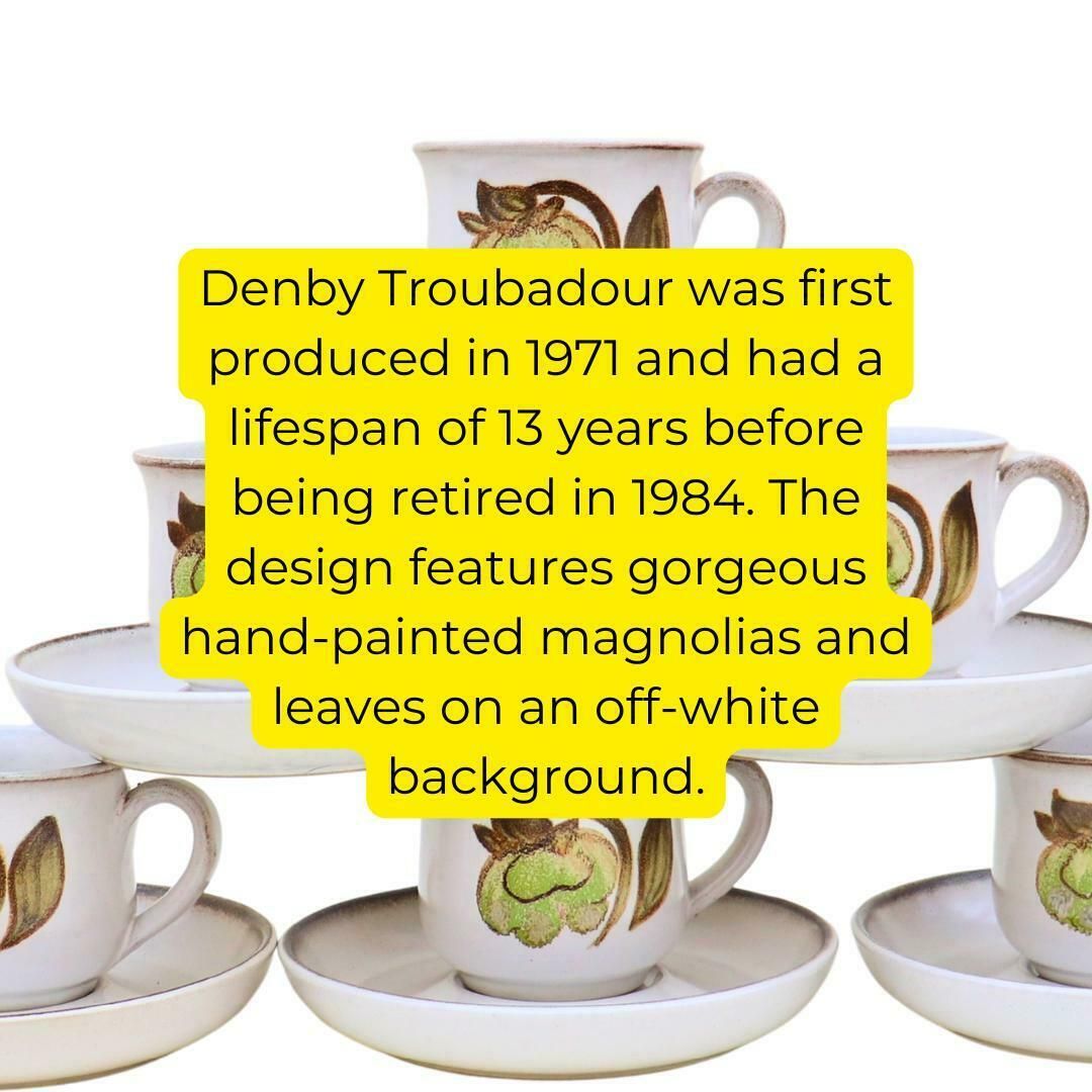 6 Mid Century Coffee Cups And Saucers By Denby Troubador Patttern C 1970's, Retro Stoneware Cottage Core Coffee Cups And Saucers photo Home Decor