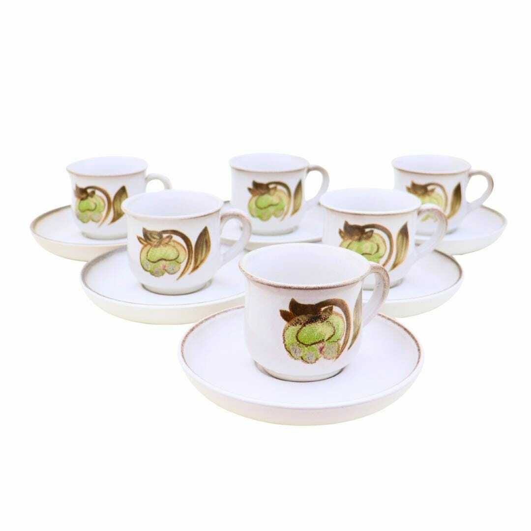 6 Mid Century Coffee Cups And Saucers By Denby Troubador Patttern C 1970's, Retro Stoneware Cottage Core Coffee Cups And Saucers photo 60.0