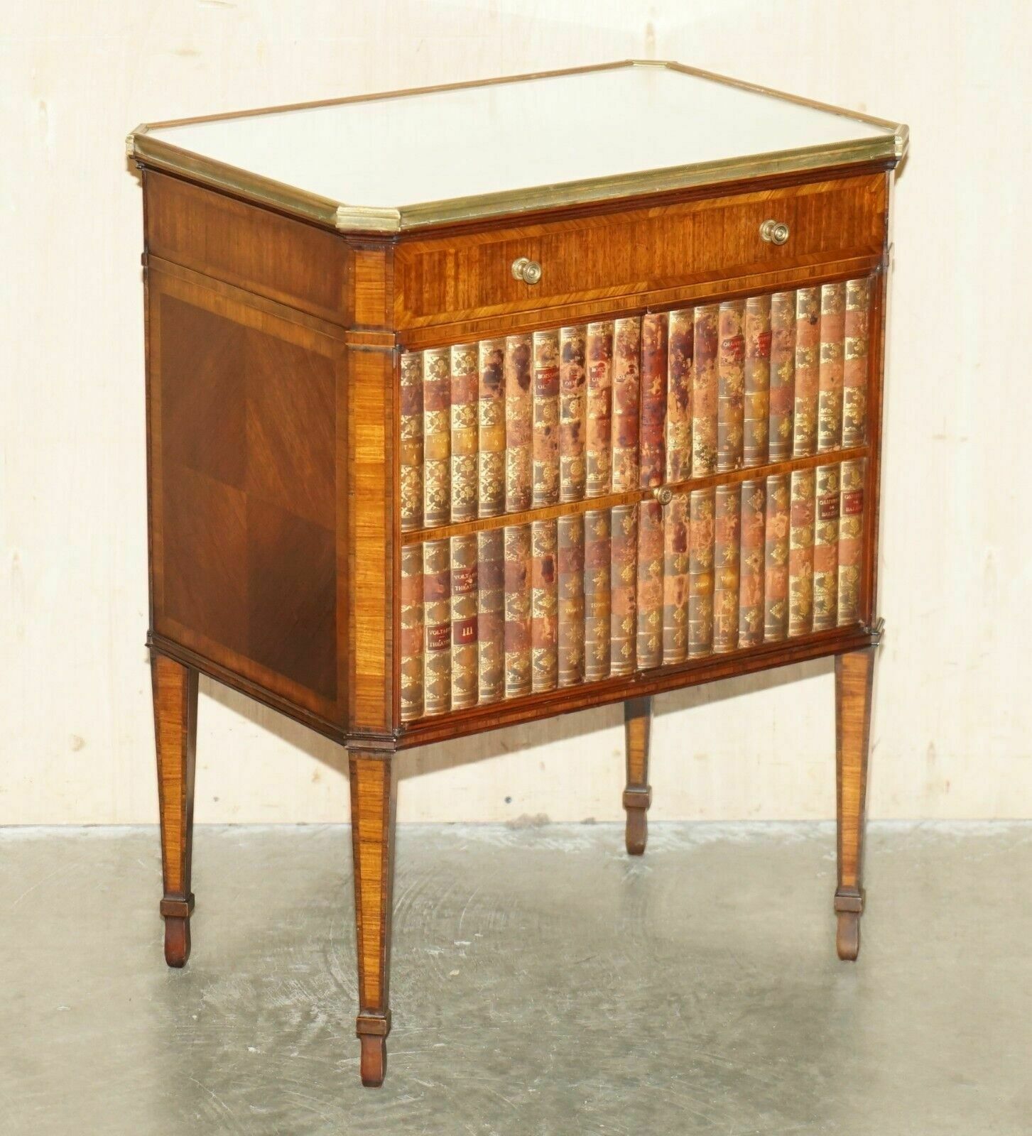 Antique Cir 1920 Faux Stack Of Books Leather Carrara Marble Side Table Drawers