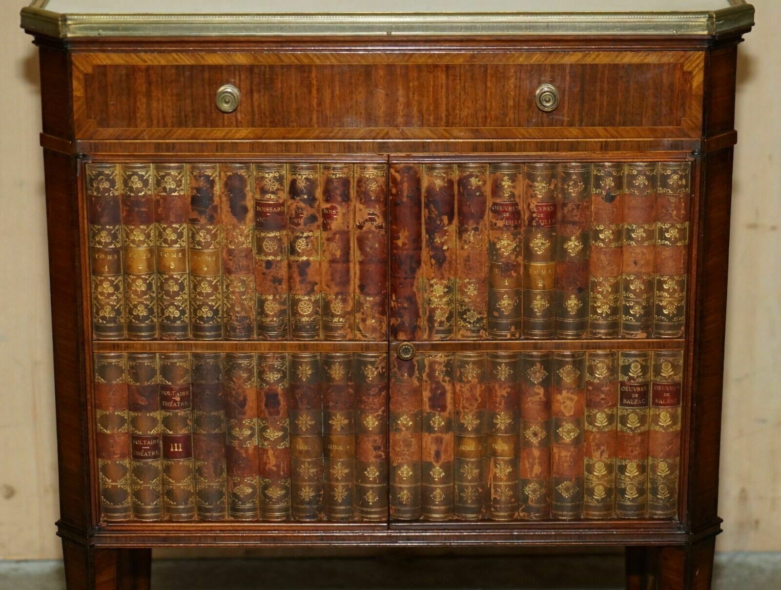 Antique Cir 1920 Faux Stack Of Books Leather Carrara Marble Side Table Drawers photo Furniture