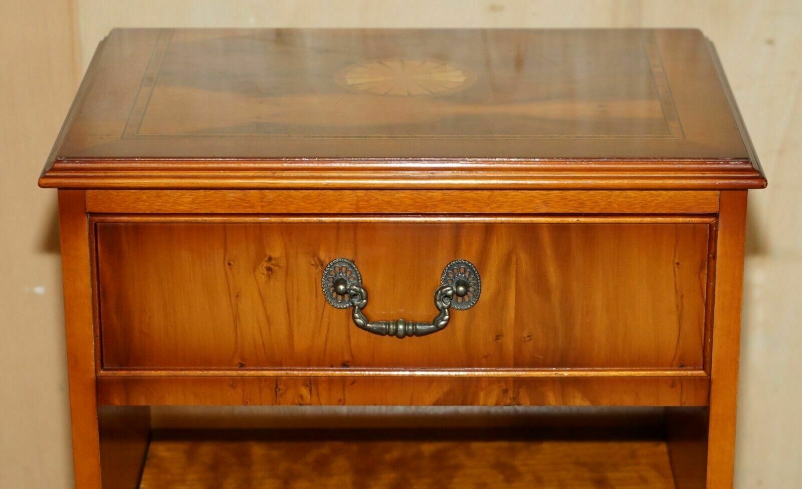 photo furniture Pair Of Vintage Burr Walnut, Yew Wood Sheraton Revival Lamp Side End Wine Tables