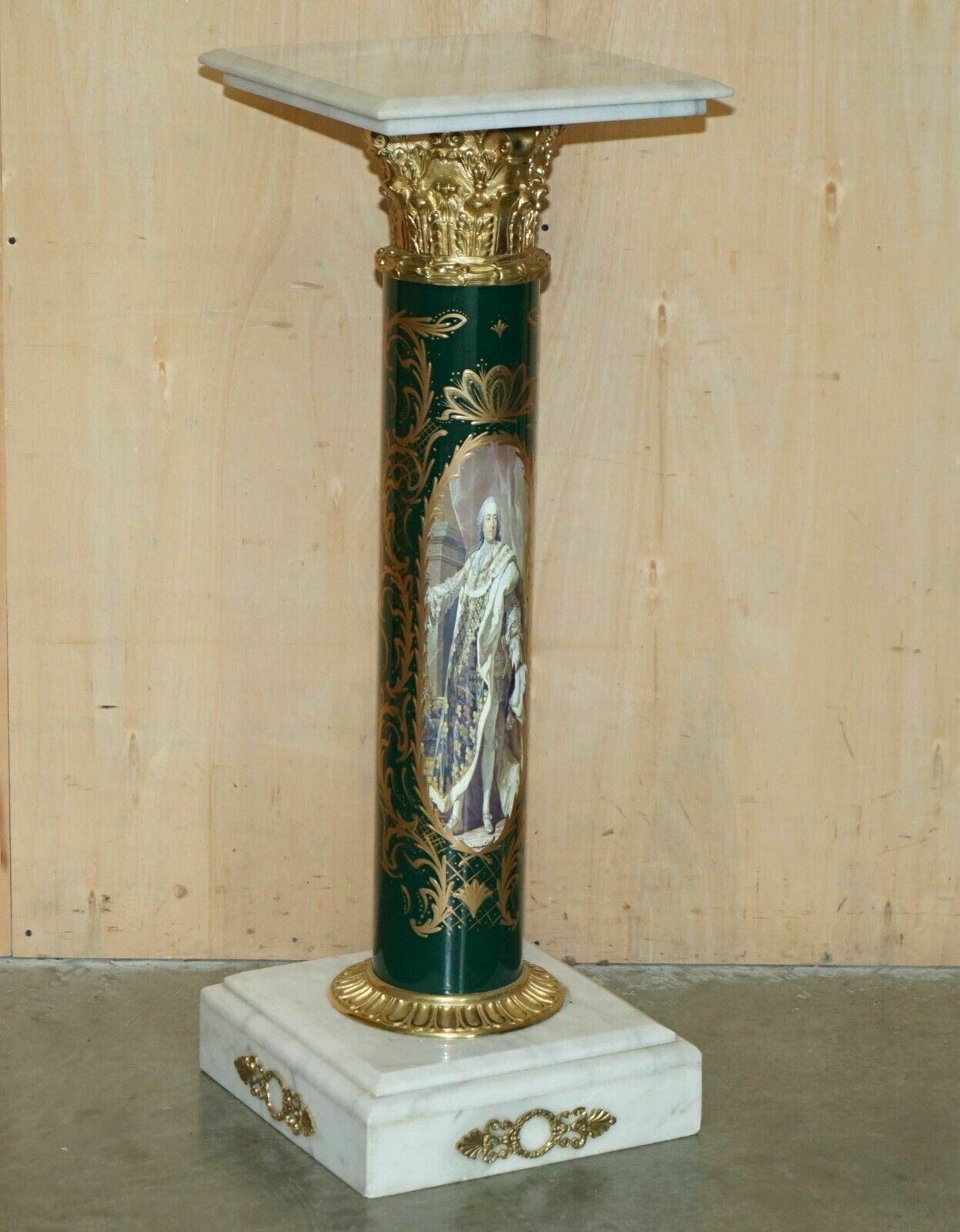 Stunning Pair Of Royal Italian Carrara Marble & Enamel Painted Brass Pillars photo furniture