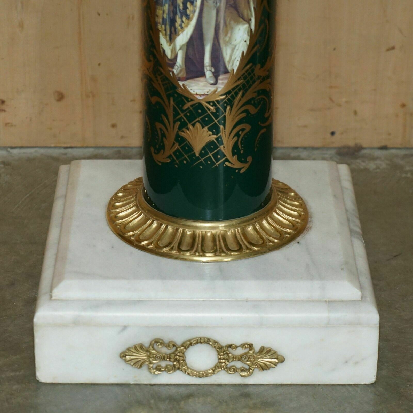 photo for sale Stunning Pair Of Royal Italian Carrara Marble & Enamel Painted Brass Pillars