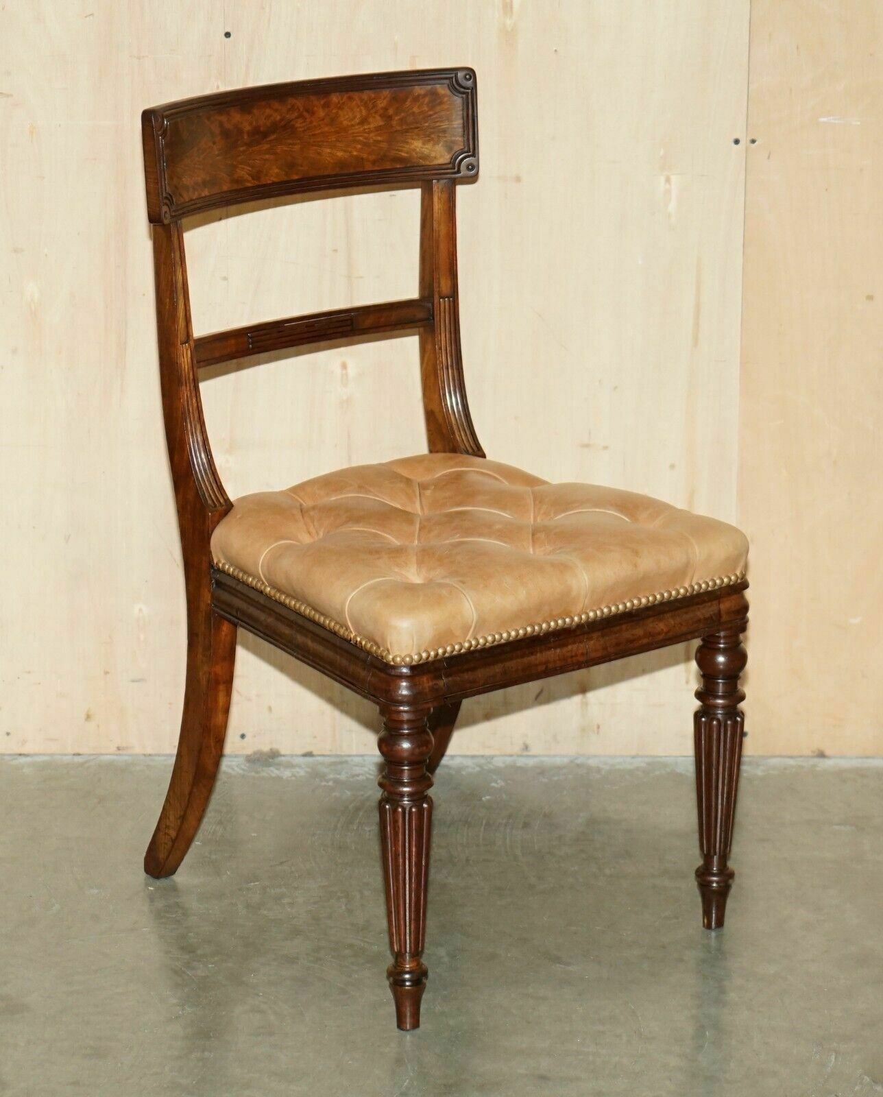 Six Fine Antique Regency 1820 Brown Leather Mahogany Chesterfield Dining Chairs photo furniture