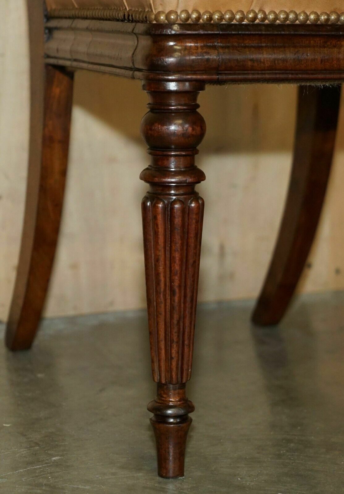 Furniture Six Fine Antique Regency 1820 Brown Leather Mahogany Chesterfield Dining Chairs photo